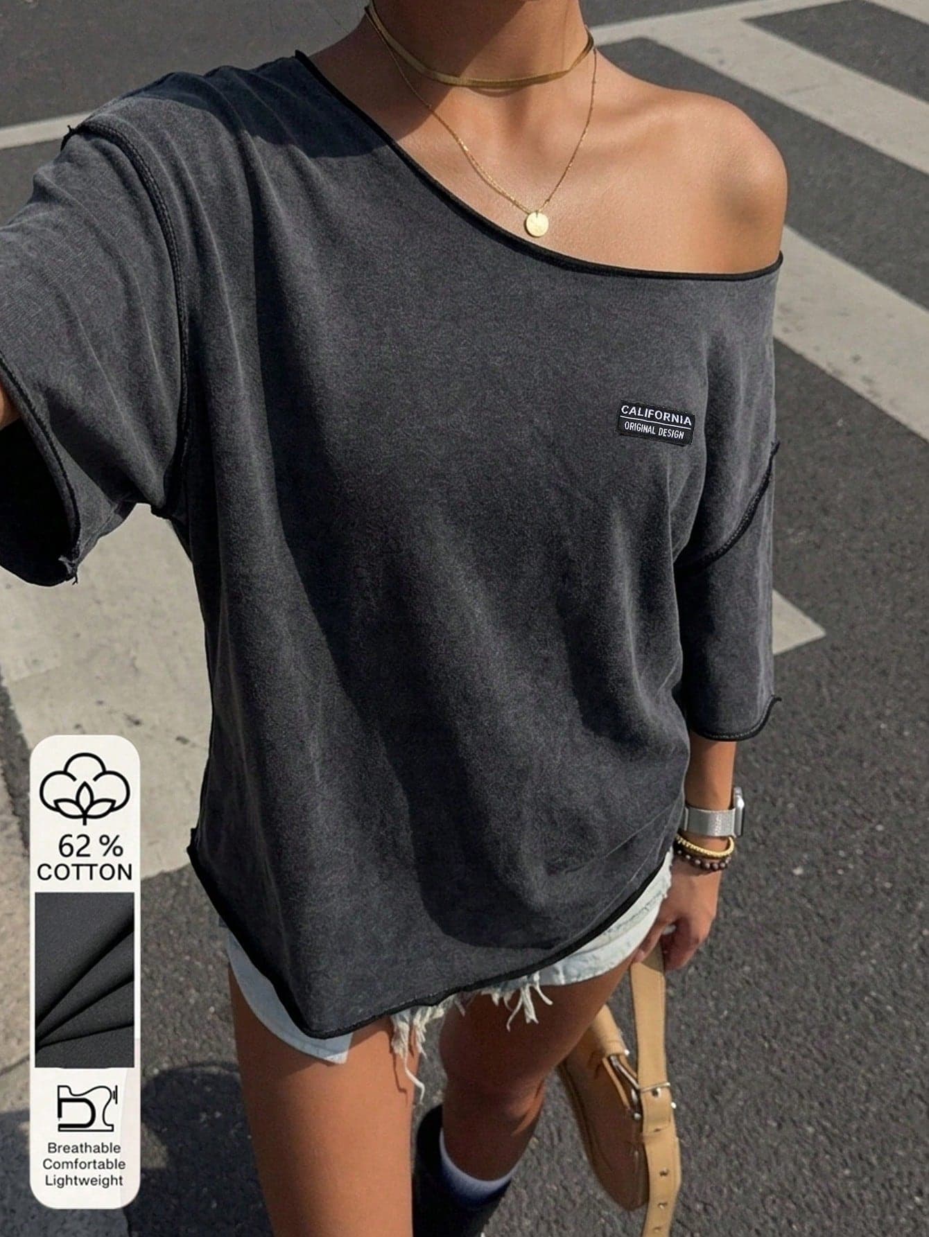 Muchica Plus Size Women's Asymmetric Shoulder Denim Casual Versatile Daily Wear T-Shirt Vacation White Summer