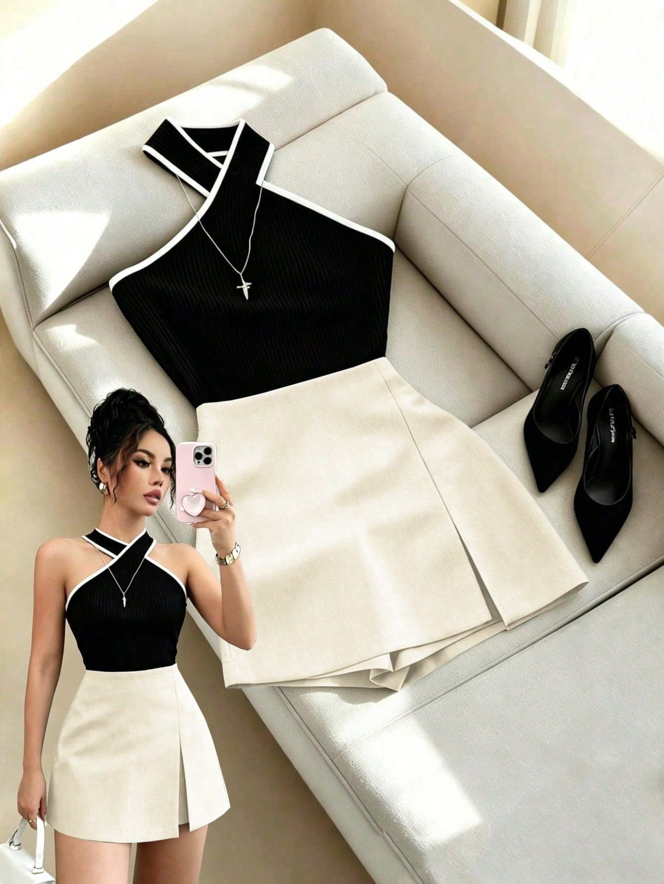 Franclia Women's Black Contrast Color Cross Neck Top Paired With Grey Double-Layer Elegant Pants, 2 Pieces Outfit For Spring/Summer Daily Commute