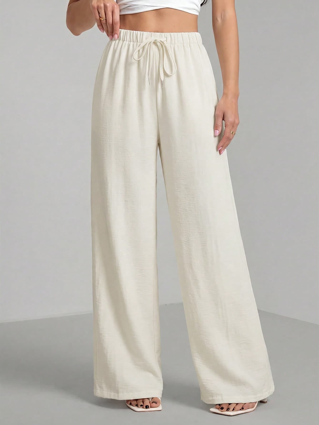SHEIN Tall Loose Drawstring Waist Trousers In Textured Crinkle Fabric, Tall Women