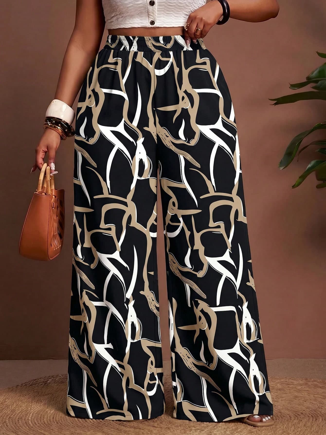 Slaydiva Plus Size Women's Summer Boho Loose Wide Leg Pants , Abstract Printed, Holiday Beach , Western Nomadic Daily Casual Fall