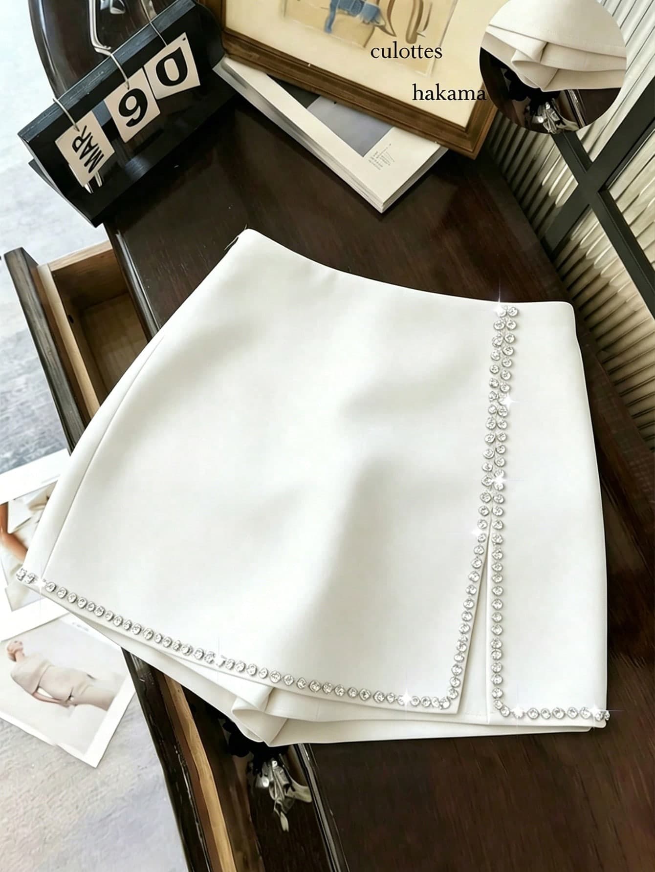 GlowEve Women's Solid Color Rhinestone Decor Side Slit Hem Elegant Culottes
