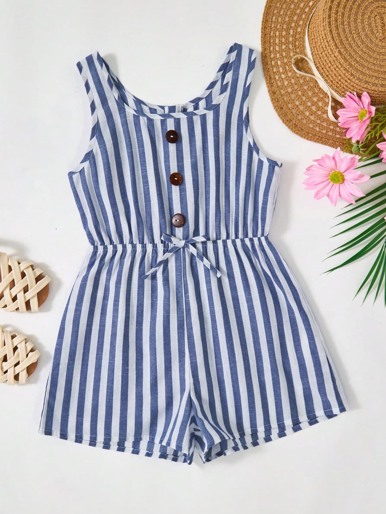 SHEIN Tween Girls' Casual Loose Striped Jumpsuit, Suitable For Daily, Vacation, Beach