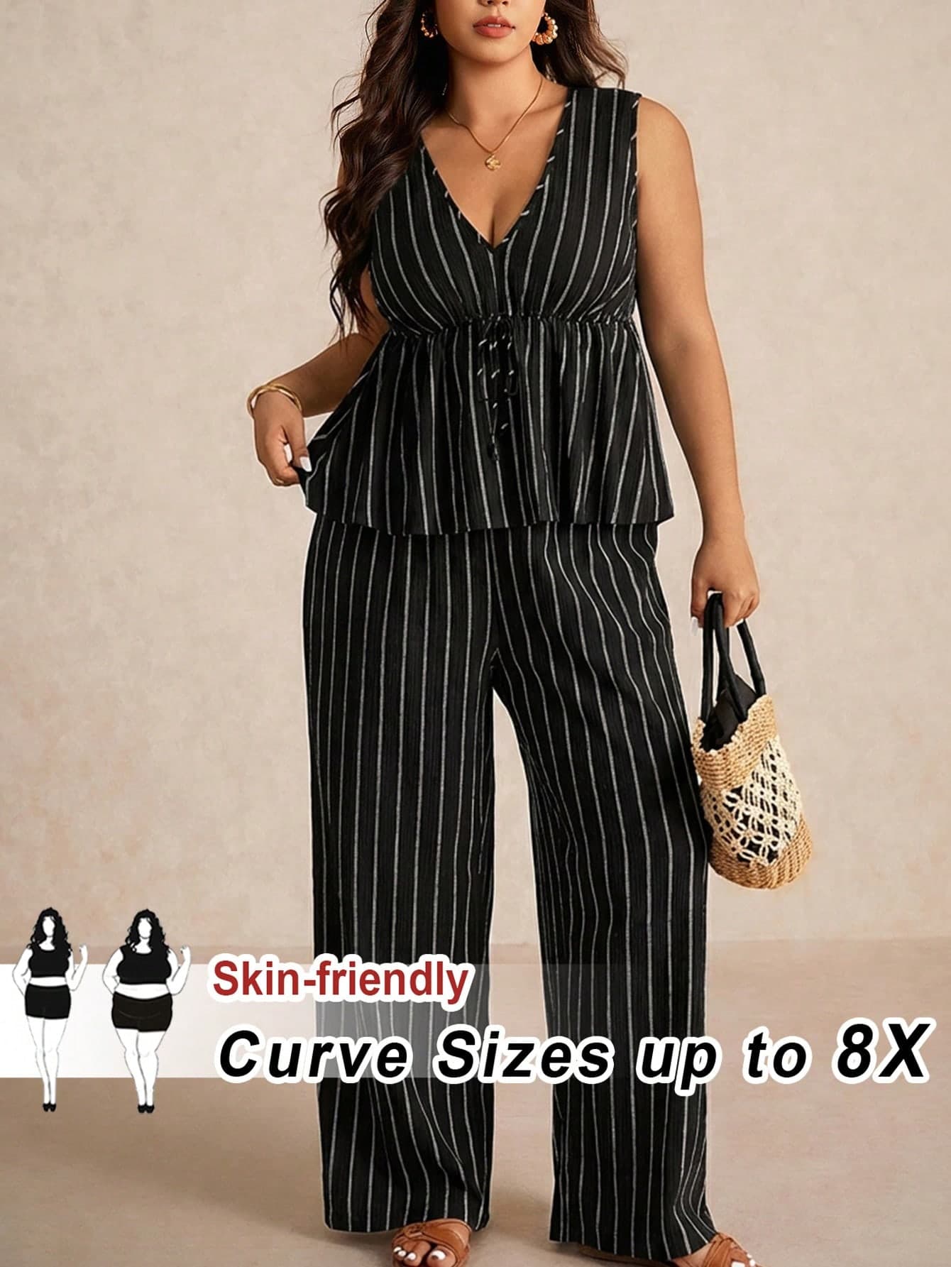 SHEIN CURVE+ Plus Size Women Striped V-Neck Tank Top And Pants Casual 2 Pieces Set