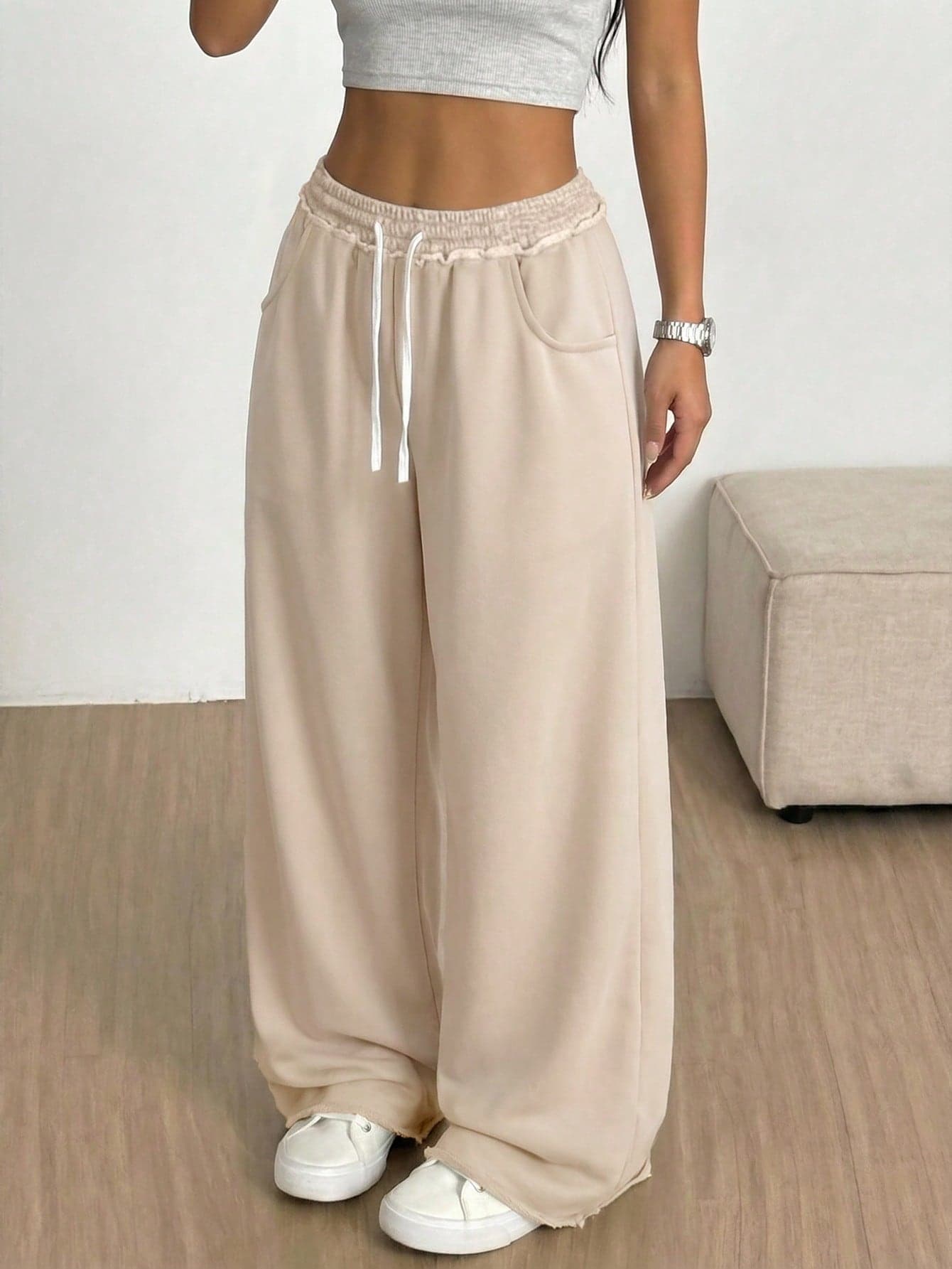 SHEIN Tween Girl Loose Casual Minimalist Comfortable Mid-Waist Colorblock Drawstring Sweatpants Autumn/Winter Tween Girl
