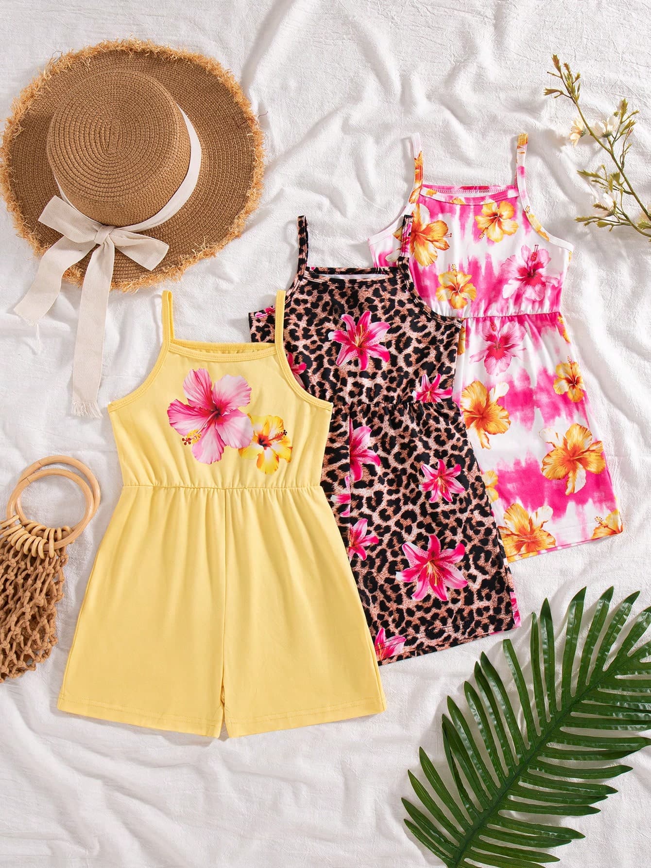 SHEIN 3pcs Young Girls Polyester Sleeveless Spaghetti Strap Full Print Casual Summer Rompers Jumpsuits Set
