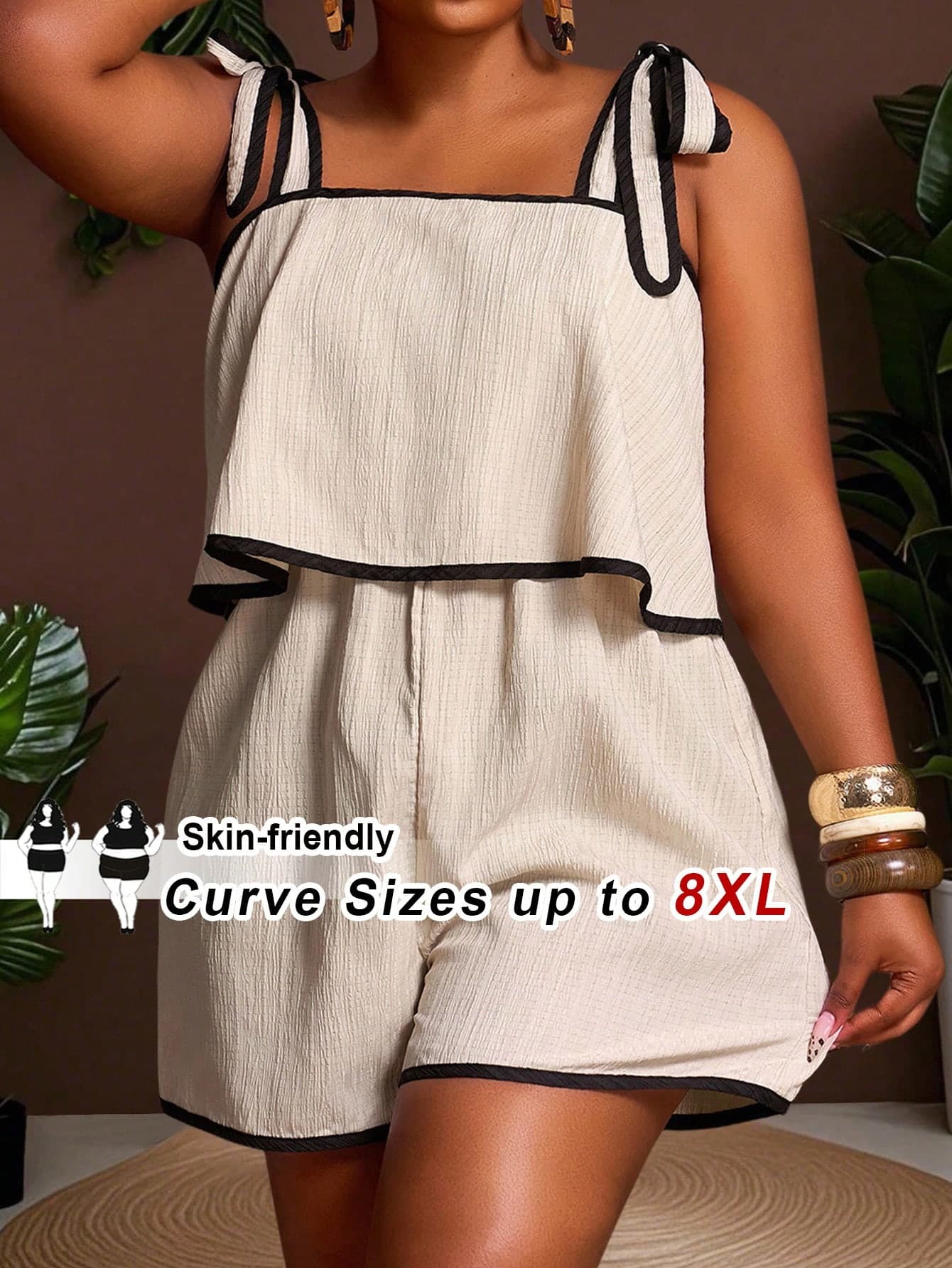 SHEIN CURVE+ Plus Size Women's Khaki Ribbed Jumpsuit,Black Contrast Valentine's Day Set,Boho,Beige,Summer,Vacation,Holiday,Music Festival,Easter,Western,Nomadic
