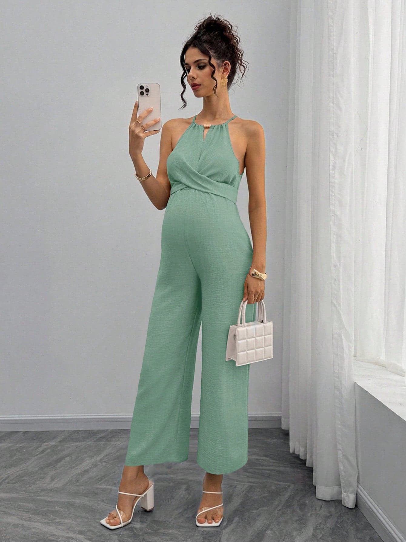 Momance Maternity Casual Vacation Style Solid Color Cross Wrap Bust Tie Back Wide Leg Jumpsuit Baby Shower Summer