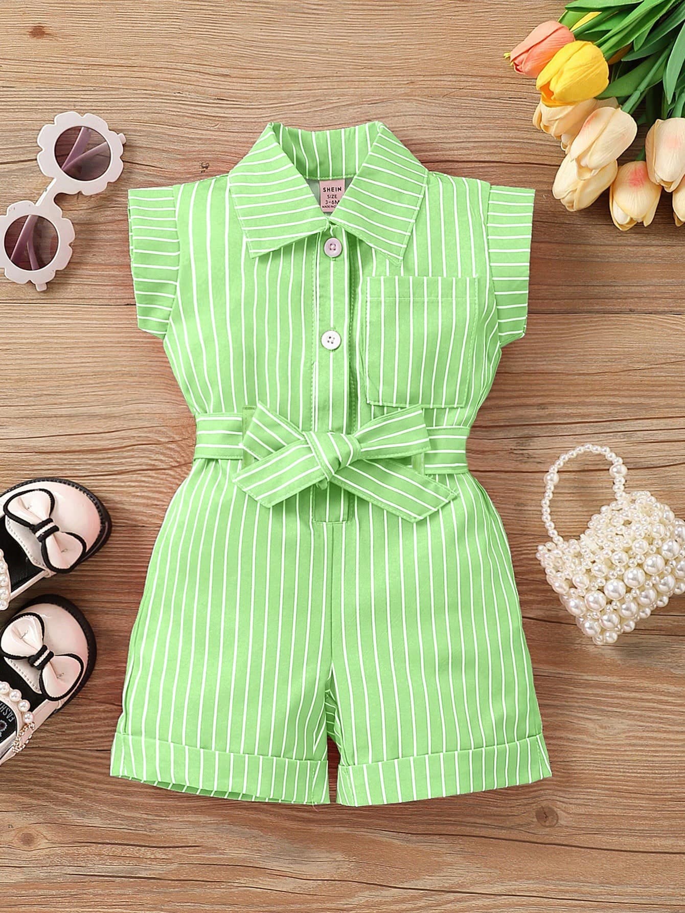 SHEIN Baby Girl Striped Short Sleeve Single-Breasted Shirt Romper