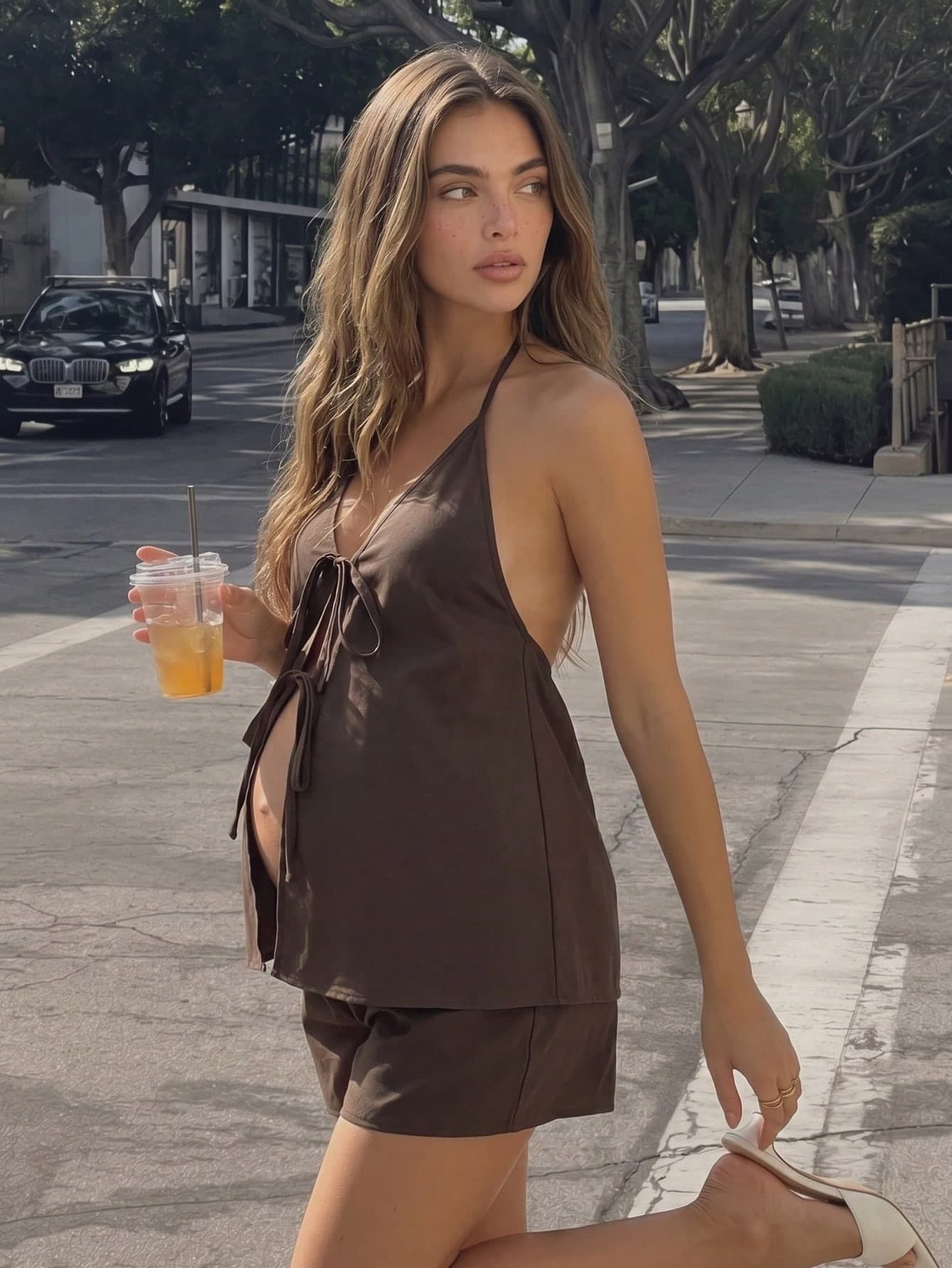 SHEIN 2pcs Maternity Solid Color Tie Neck Top And Adjustable Waist Shorts Set, Casual Daily Wear