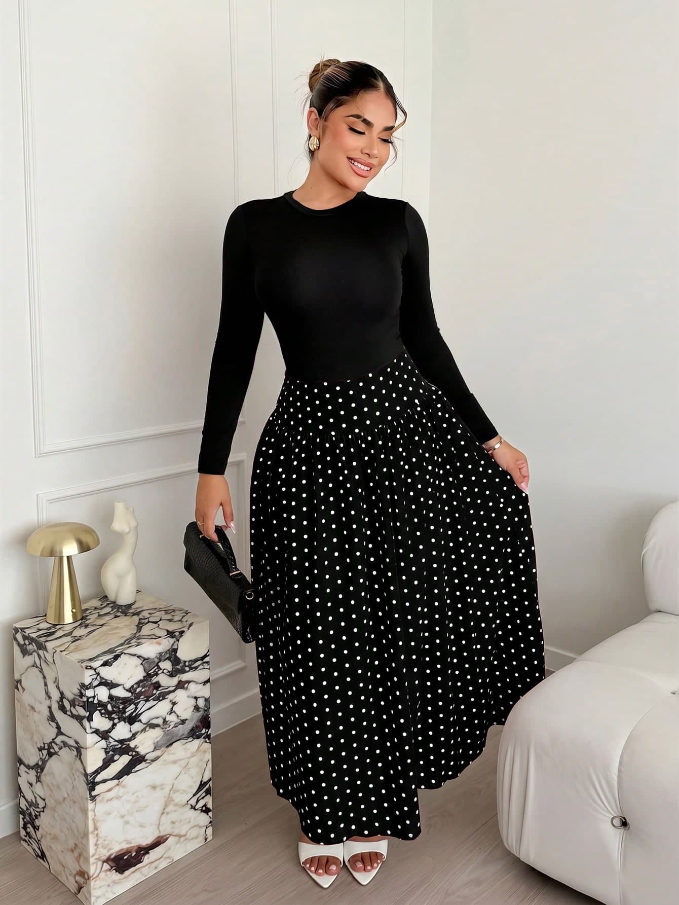 Maria Perezxox Women's Casual Polka Dot Print A-Line Skirt, Autumn Vacation Black