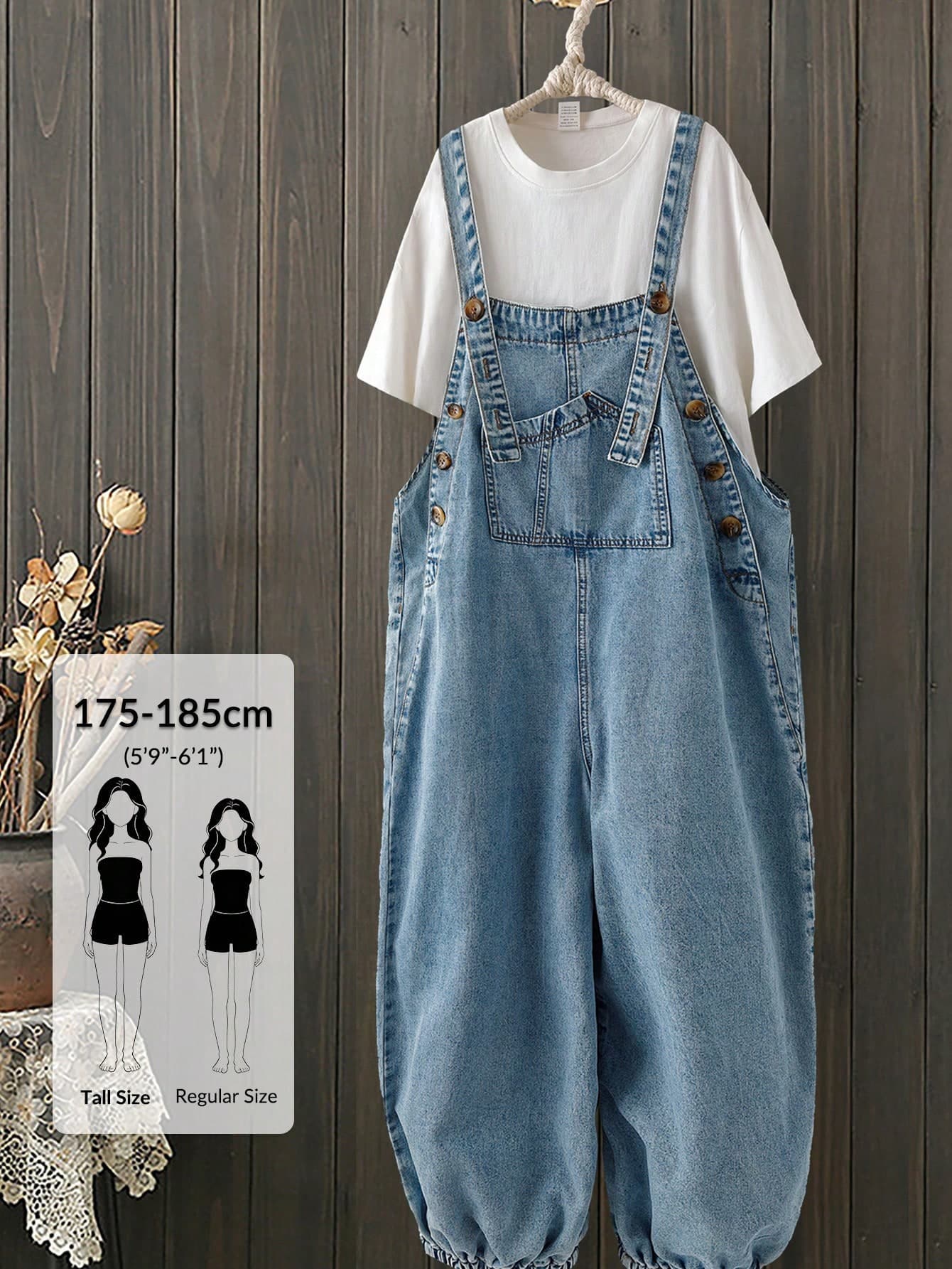SHEIN Tall Tall Women's Light Blue Baggy Denim Overalls, Adjustable Strap Loose Jean Jumpsuit With Pockets, Elastic Cuff Casual Summer Pants Picnic