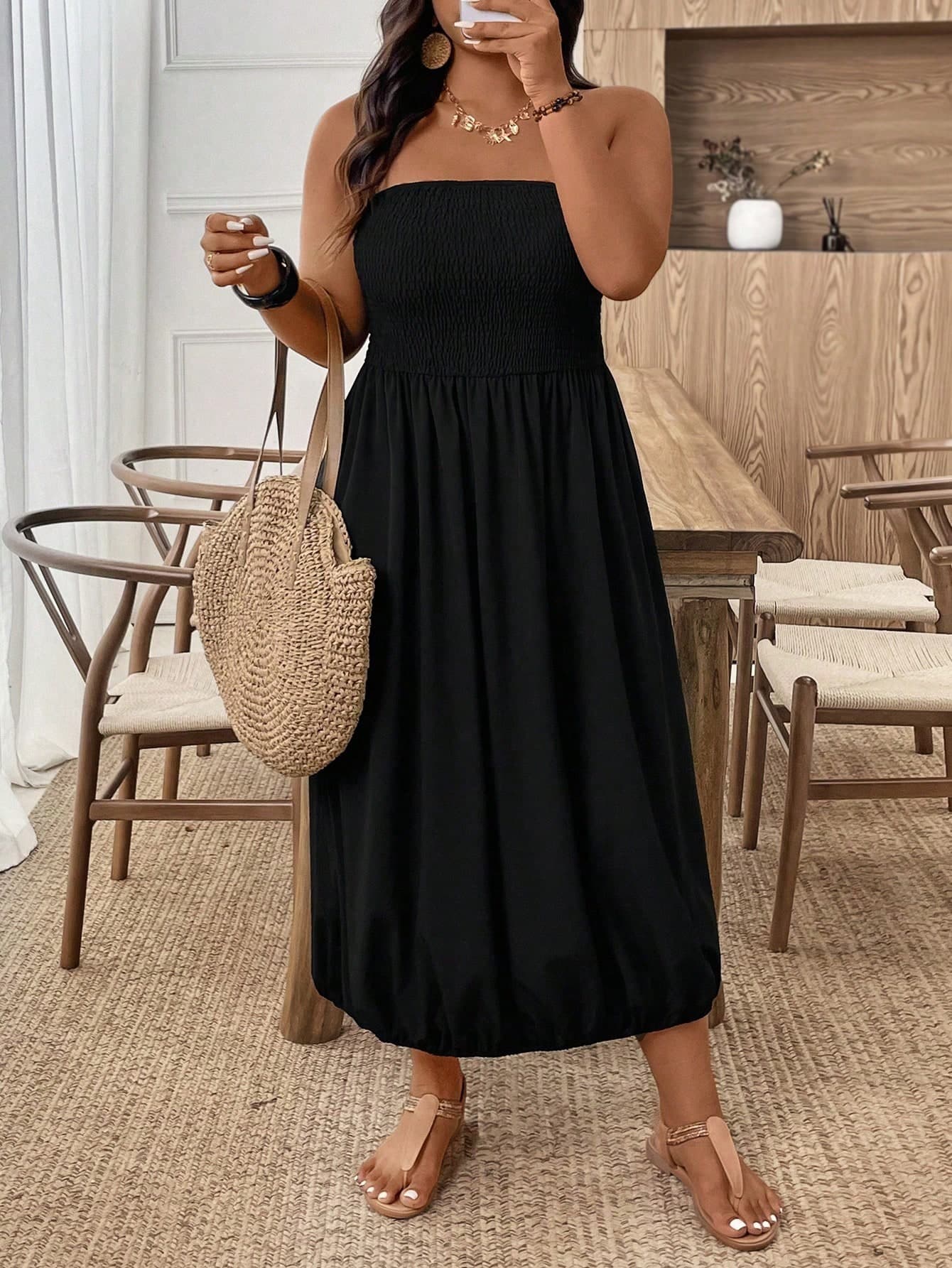 SHEIN Clasi Elegant Casual Commute Black Dress, Stretchy Fabric, Sleeveless Shirred Waist & Hemline, Versatile Design For Spring, Summer, Autumn, Plus Size