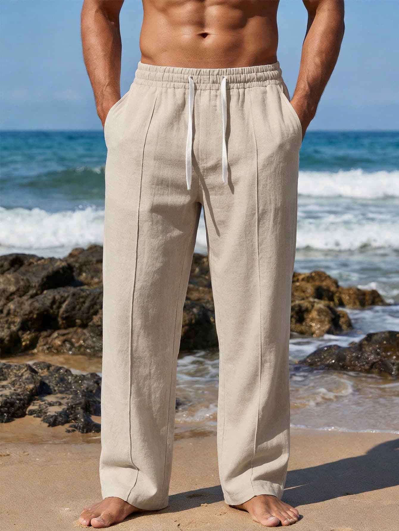 Manfinity RSRT Men's Solid Color Drawstring Waist Pocket Casual Versatile Daily Wear Pants, Holiday