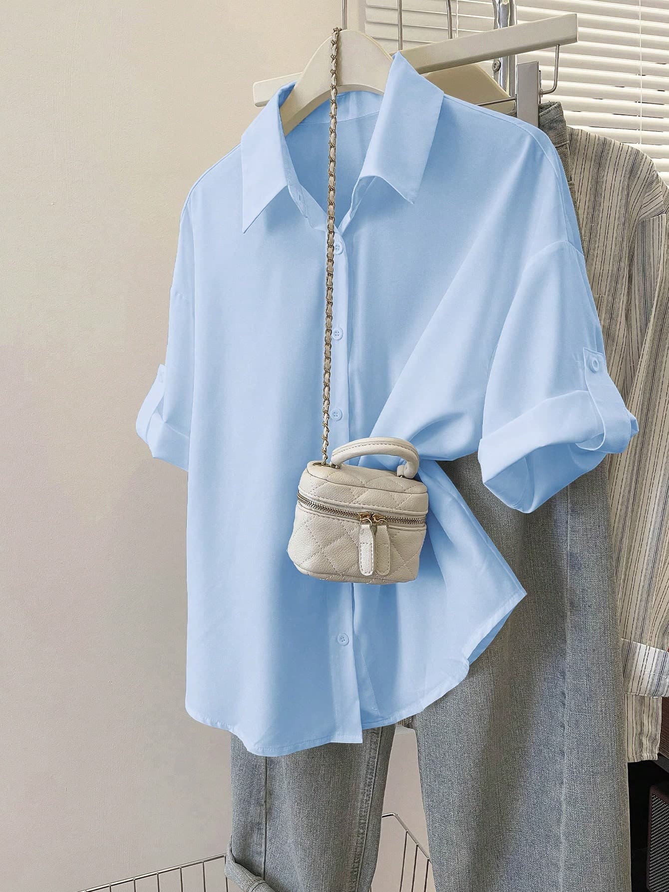 Resyla Women's Solid Color Drop Shoulder Front Button Casual Summer Blouse