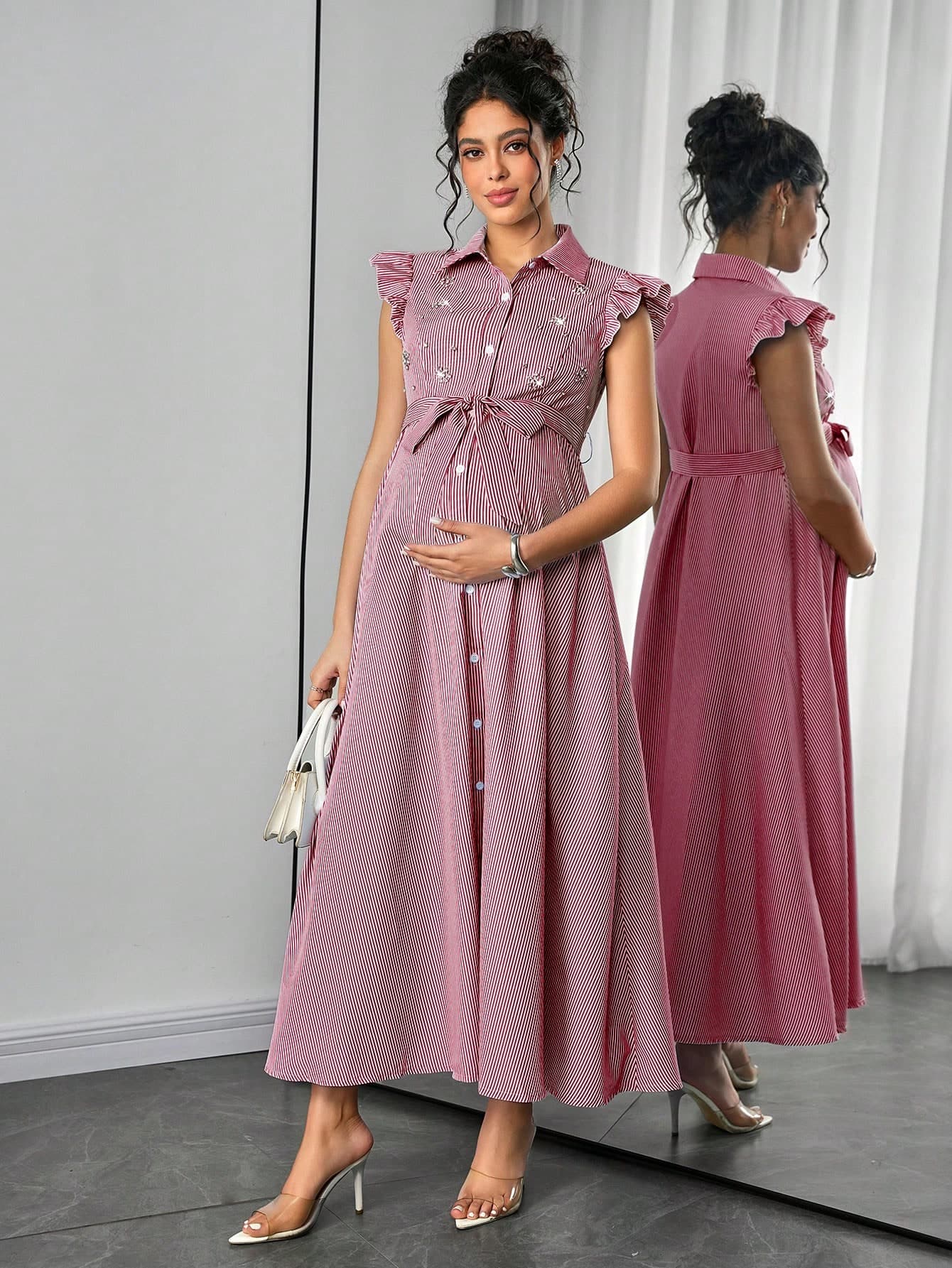 Momance Maternity Dress With Flutter Sleeves, Shirt Collar, Front Button Closure, Waist Belt, Front Bow Tie, White Pregnant And Summer Elegant Photoshoot
