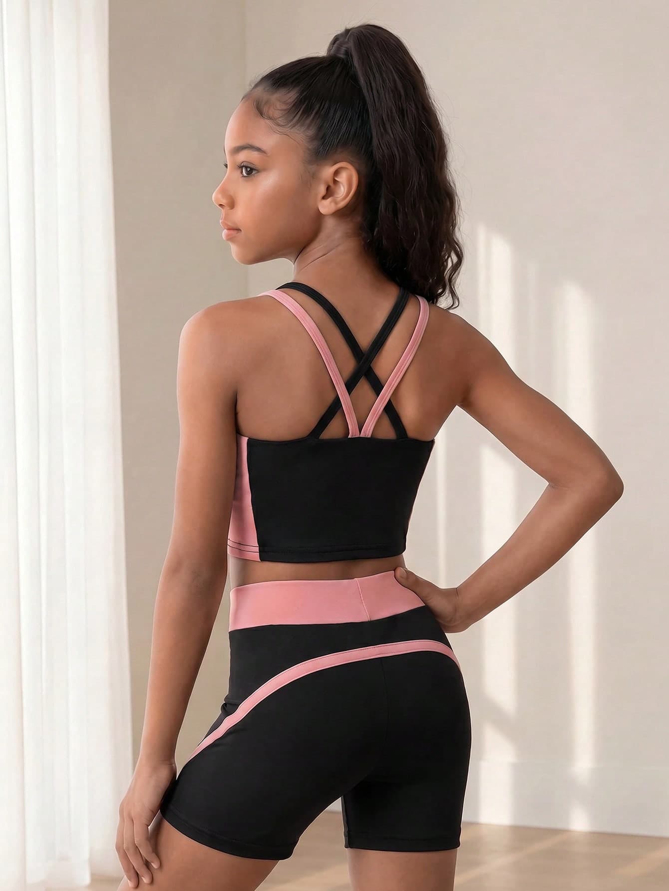 SHEIN Tween Girls' Off-Shoulder Crop Top & Shorts Set – Fashionable Casual Activewear For Outdoor Running & Long-Distance Sports