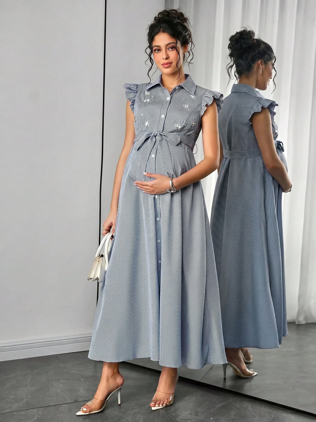 Momance Maternity Dress With Small Flutter Sleeves Shirt Collar Front Opening Rhinestone Buttons Waist Belt Front Bow Tie Baby Blue Pregnancy Baby Shower