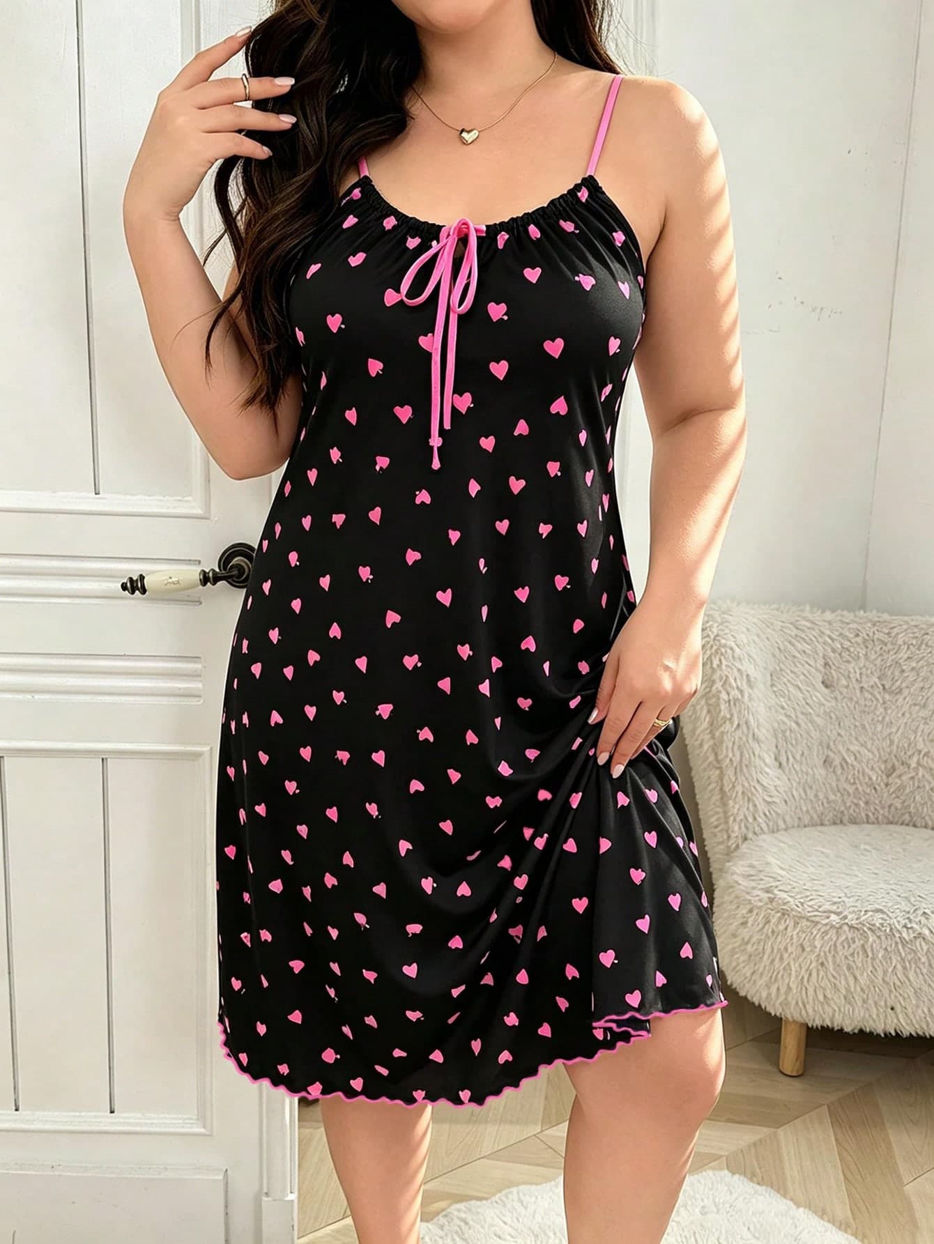 Softscene Plus Size Sleepshirt With Heart Print And Drawstring Tie