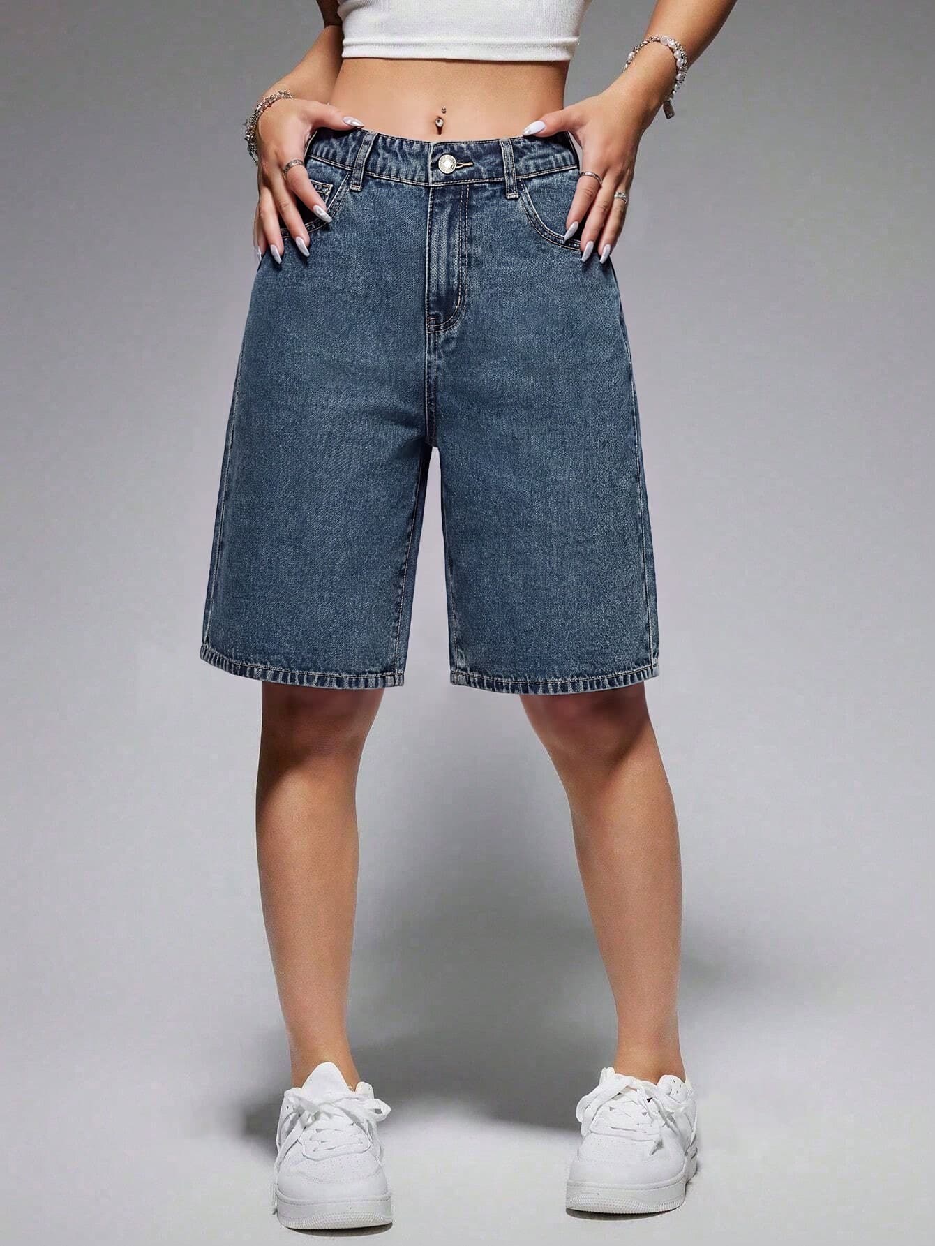 SHEIN EZwear Women's Casual Versatile Bermuda Denim Shorts With Pockets