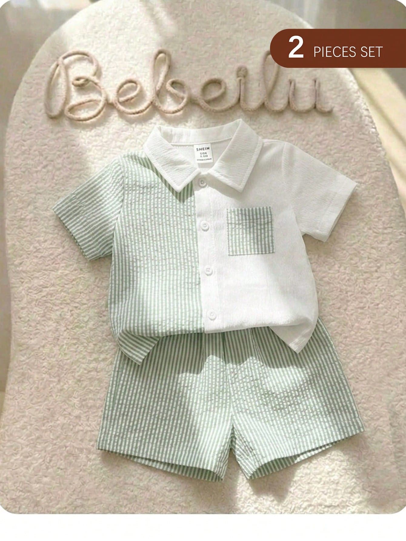 Kids Baby Boy Decorated Patch Pocket Lapel Short Sleeve Cardigan And Shorts Set