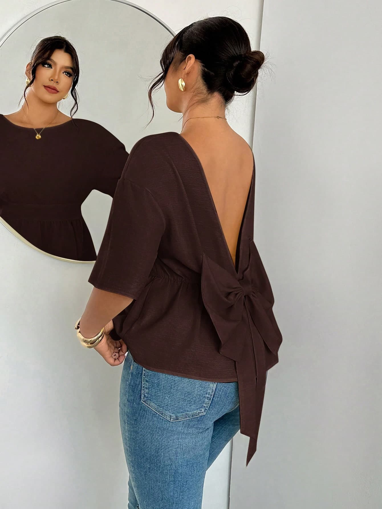 Firerie Plus Size Women's Solid Color Bow Decor Back Fashion Blouse