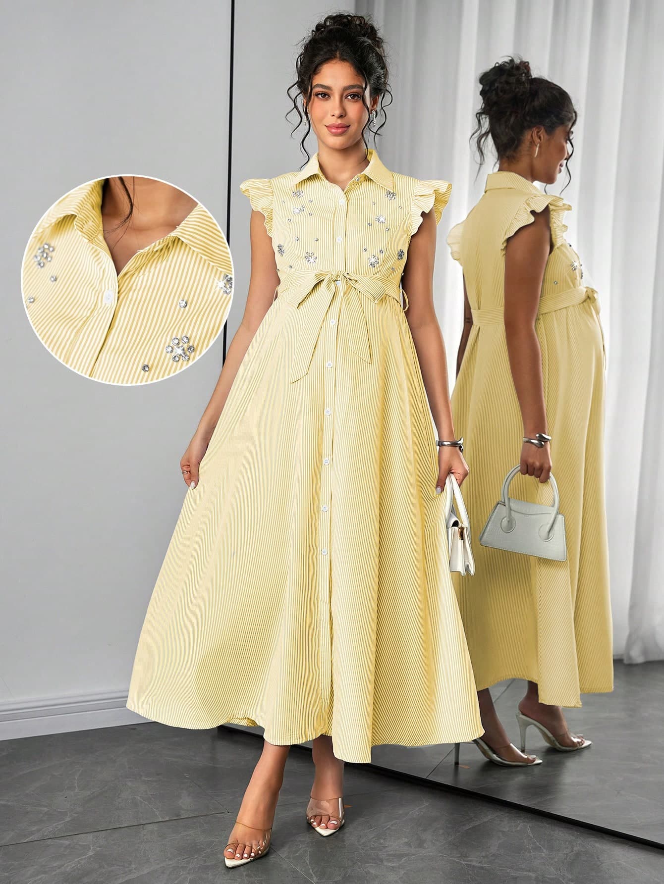 Momance Maternity Dress With Small Flutter Sleeves, Shirt Collar, Front Button Closure, Waist Belt, Front Bow Tie, Striped Dress Baby Shower Summer
