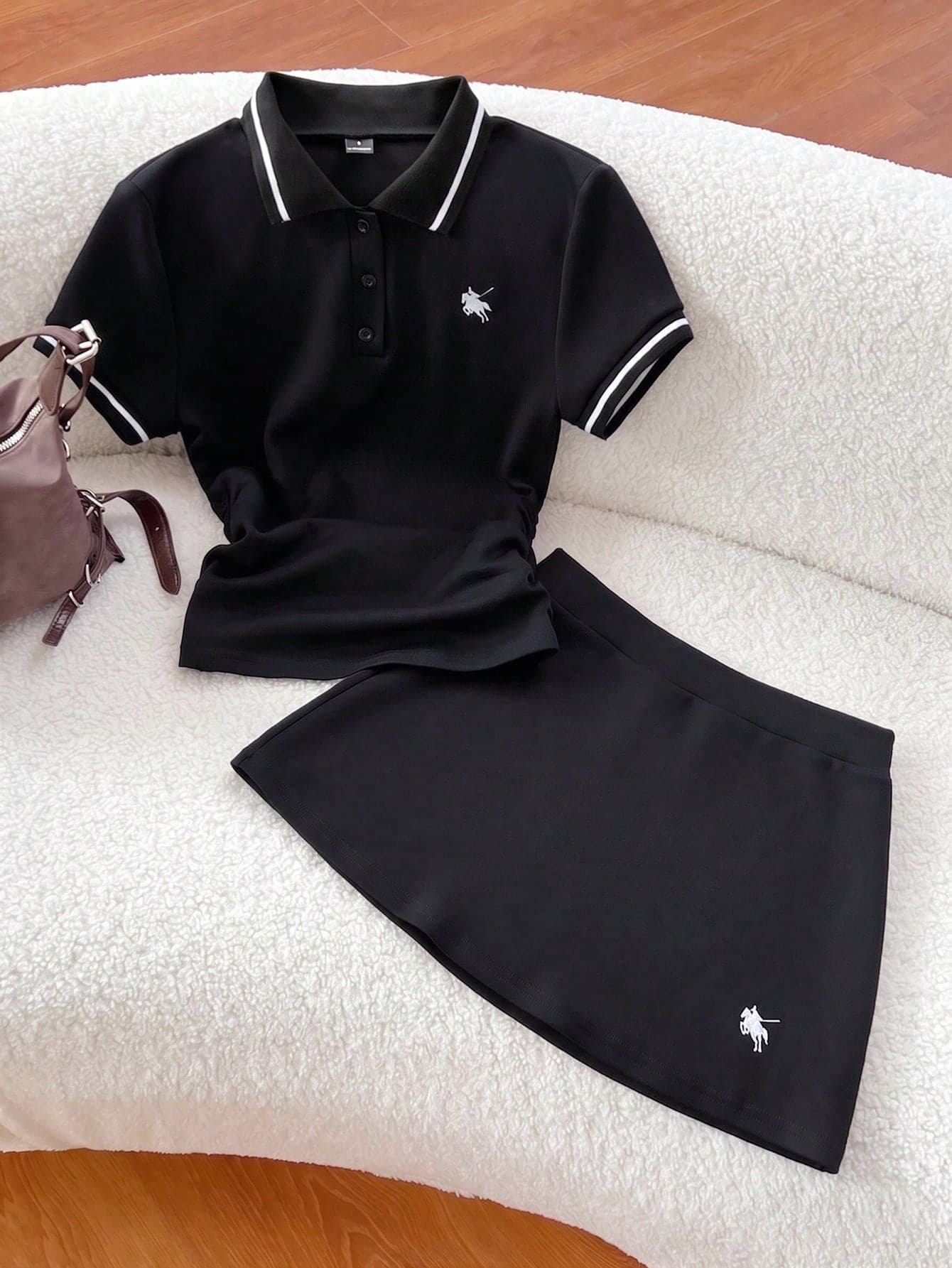 Elamini Spring & Summer Casual Collared Ruched T-Shirt And Embroidered A-Line Skirt 2-Piece Set, Navy Blue