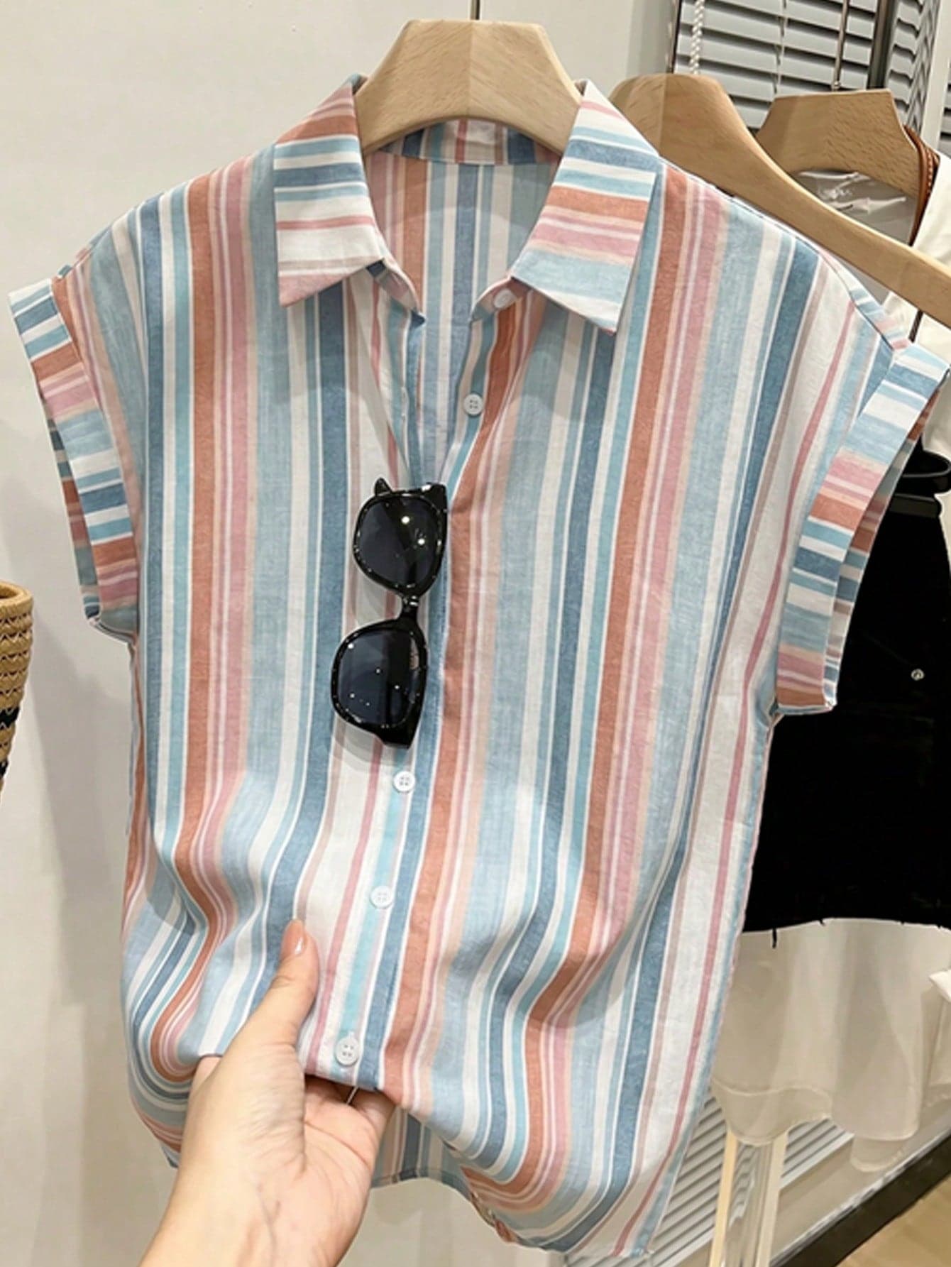 Muvela Women's Casual Vacation Blue And White Stripe Shirt, Women's Summer Clothing,Summer Top Vacation