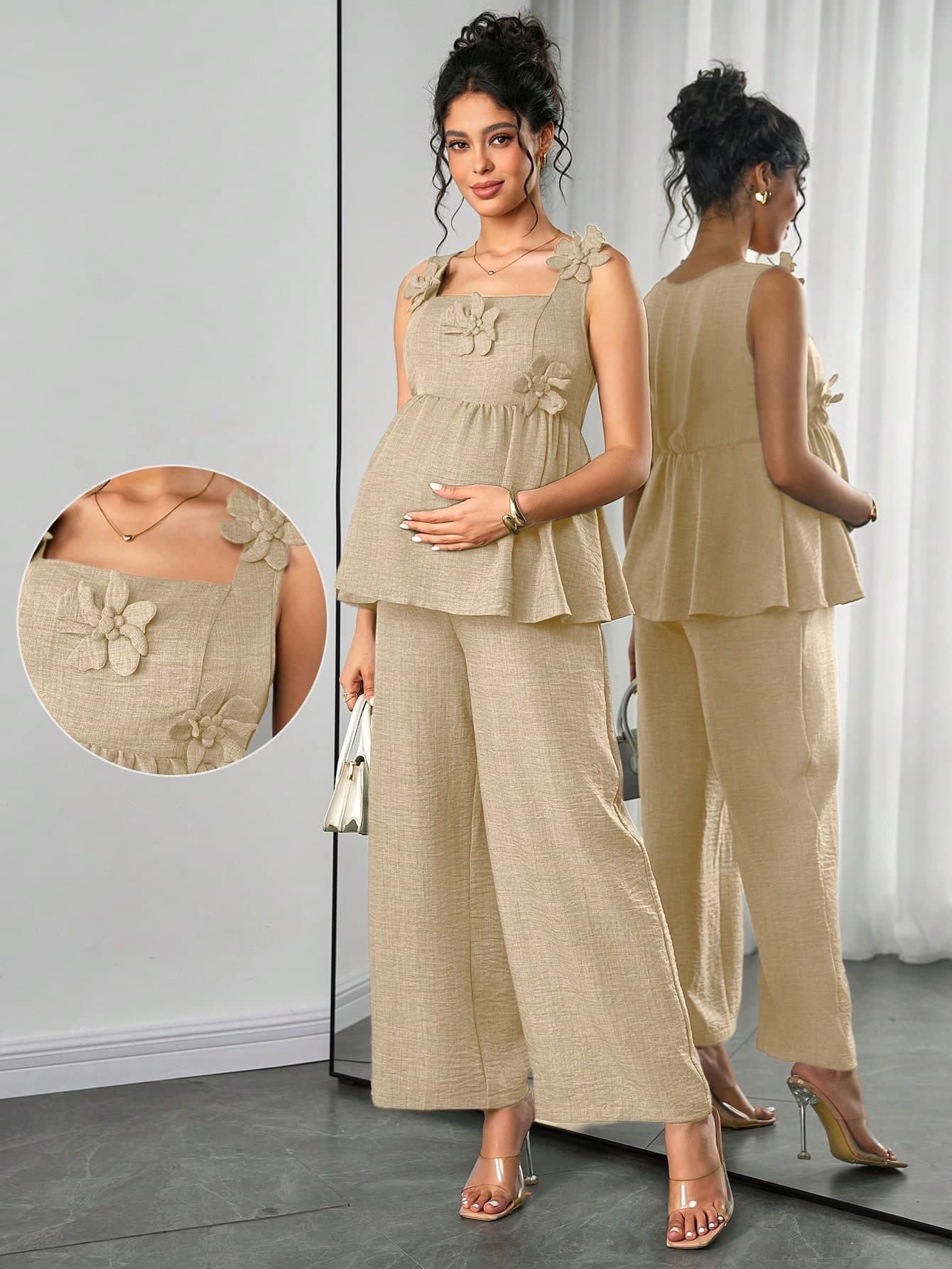 Momance 2pcs Maternity Sleeveless Shirred A-Line Floral Print Tank Top & Straight Leg Pants Set