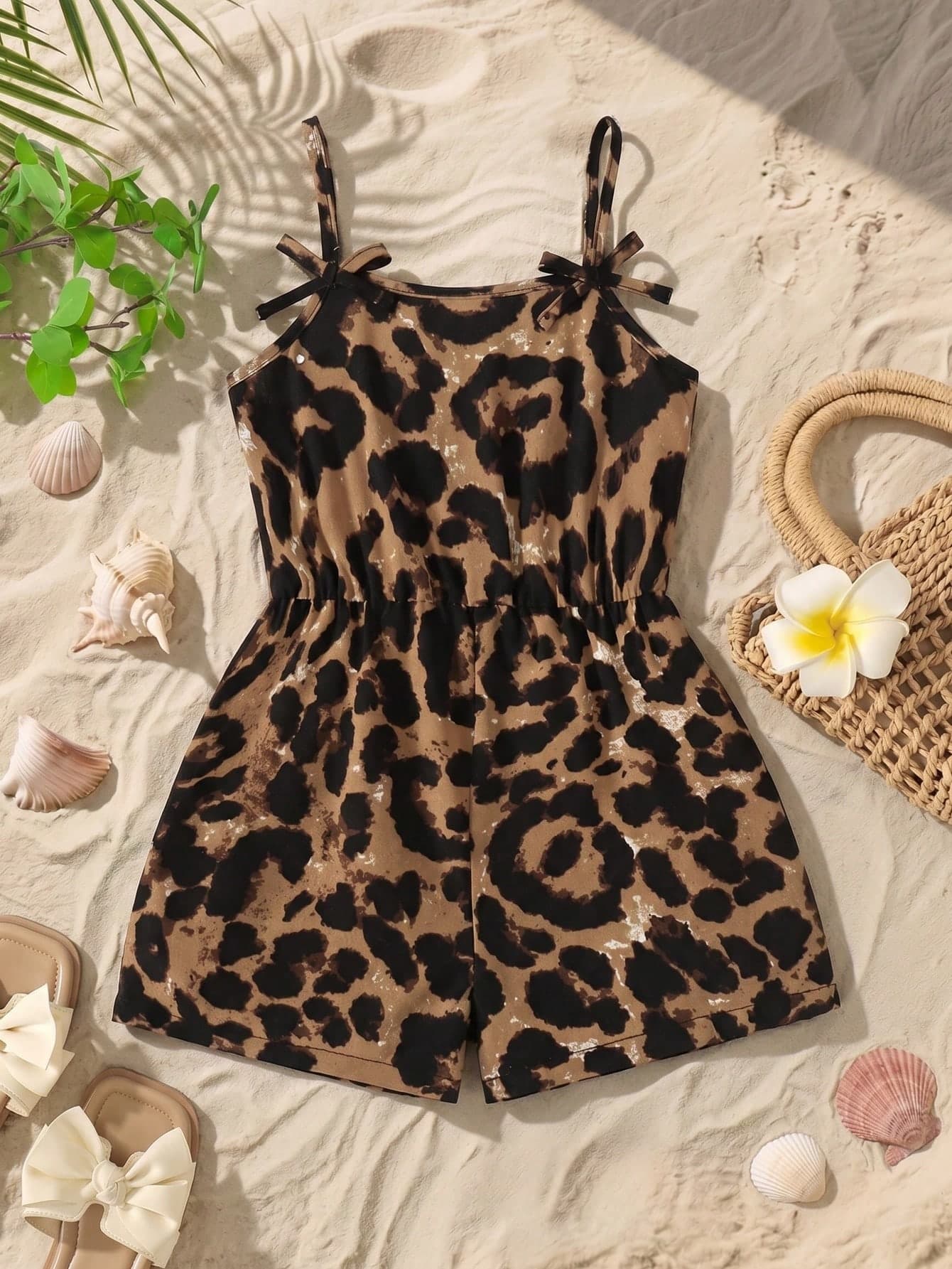 SHEIN Young Girl Woven Leopard Print Camisole Romper
