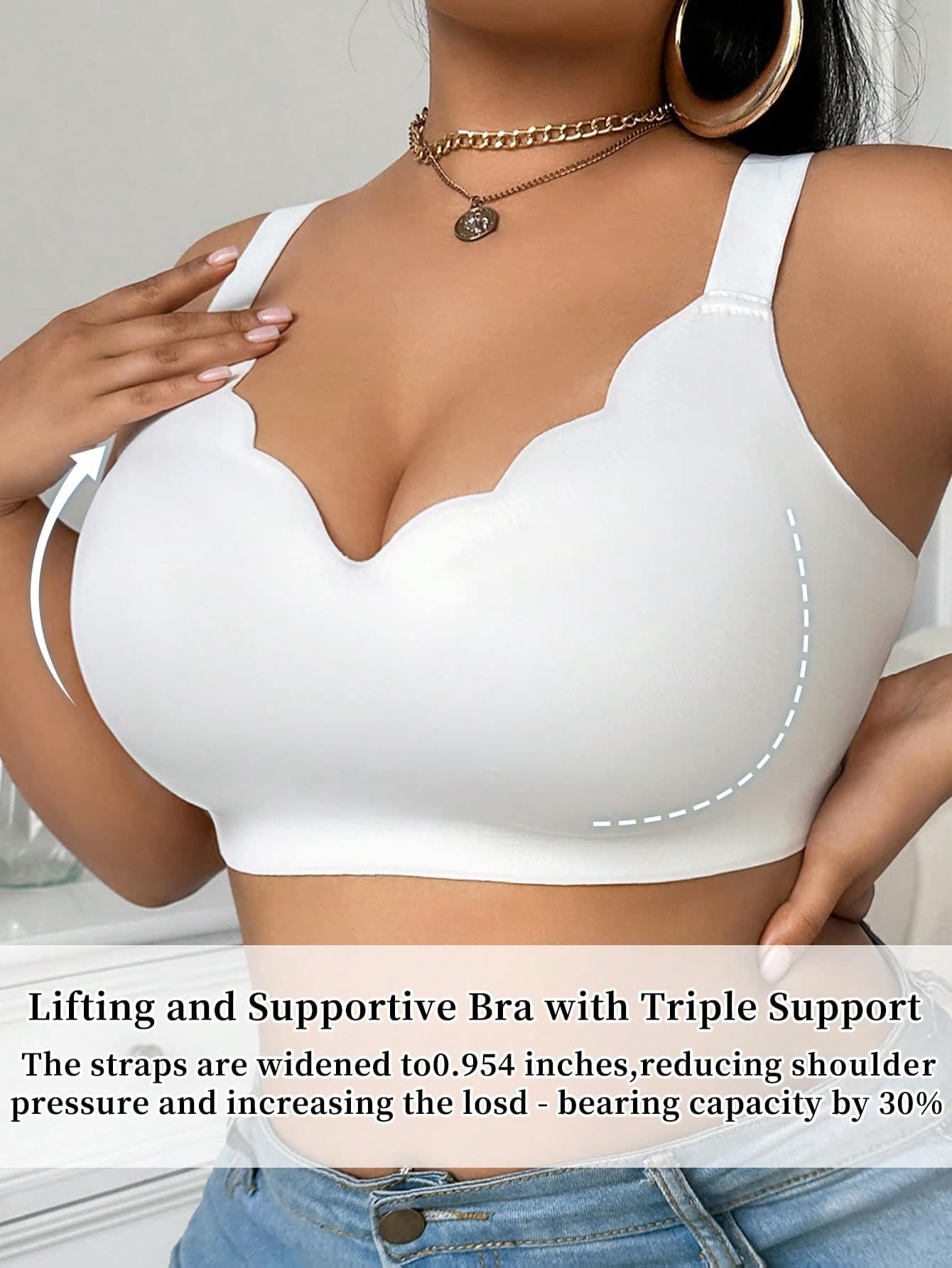 SHEIN Plus Size Women's Seamless Wirefree Bra Push Up Soft Support V-Neck Bra, Wide Strap Comfortable 1 Piece