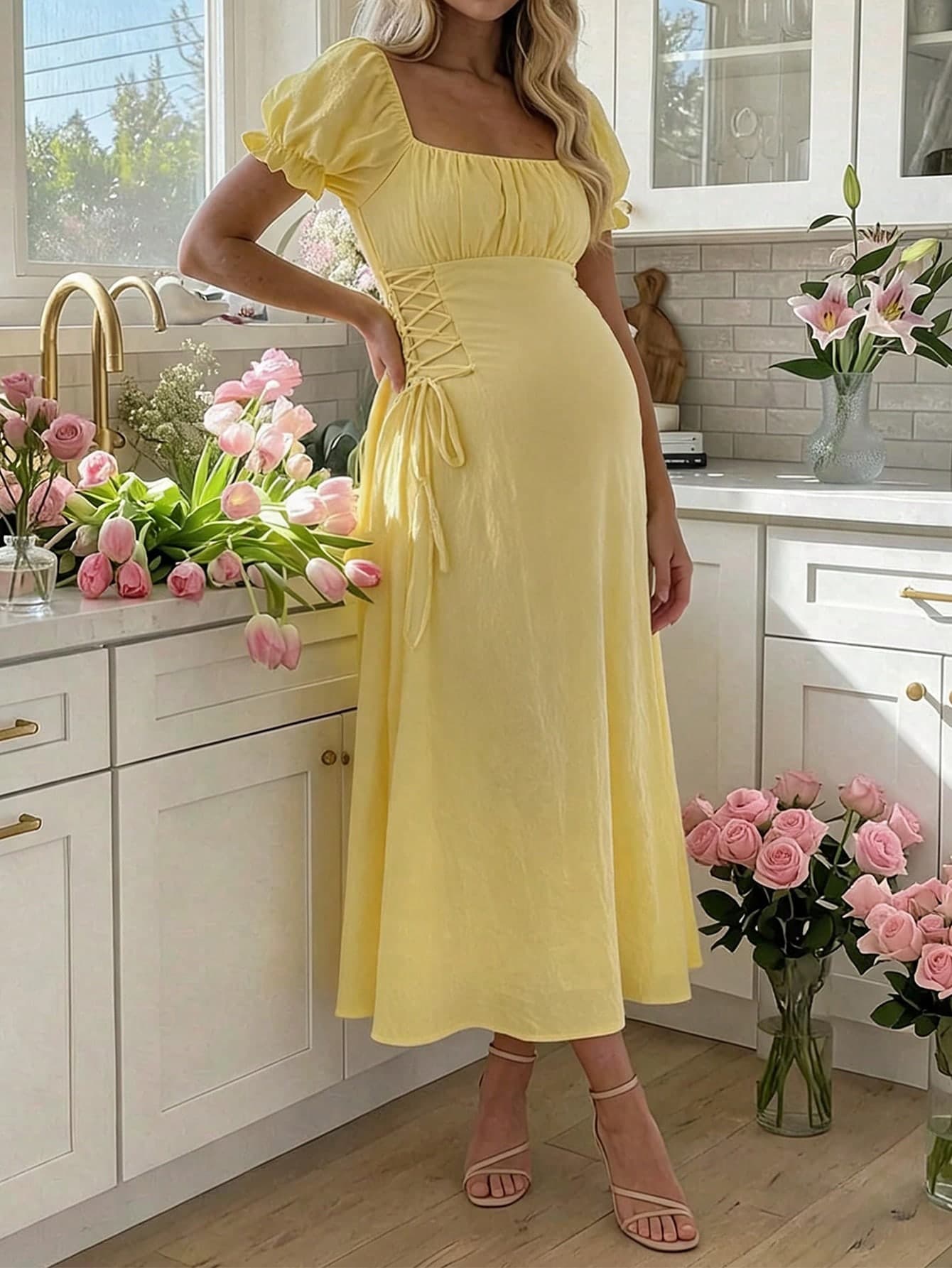 SHEIN Maternity Summer Solid Color Ruched Side Tie Wrap Puff Sleeve Dress Baby Shower Yellow