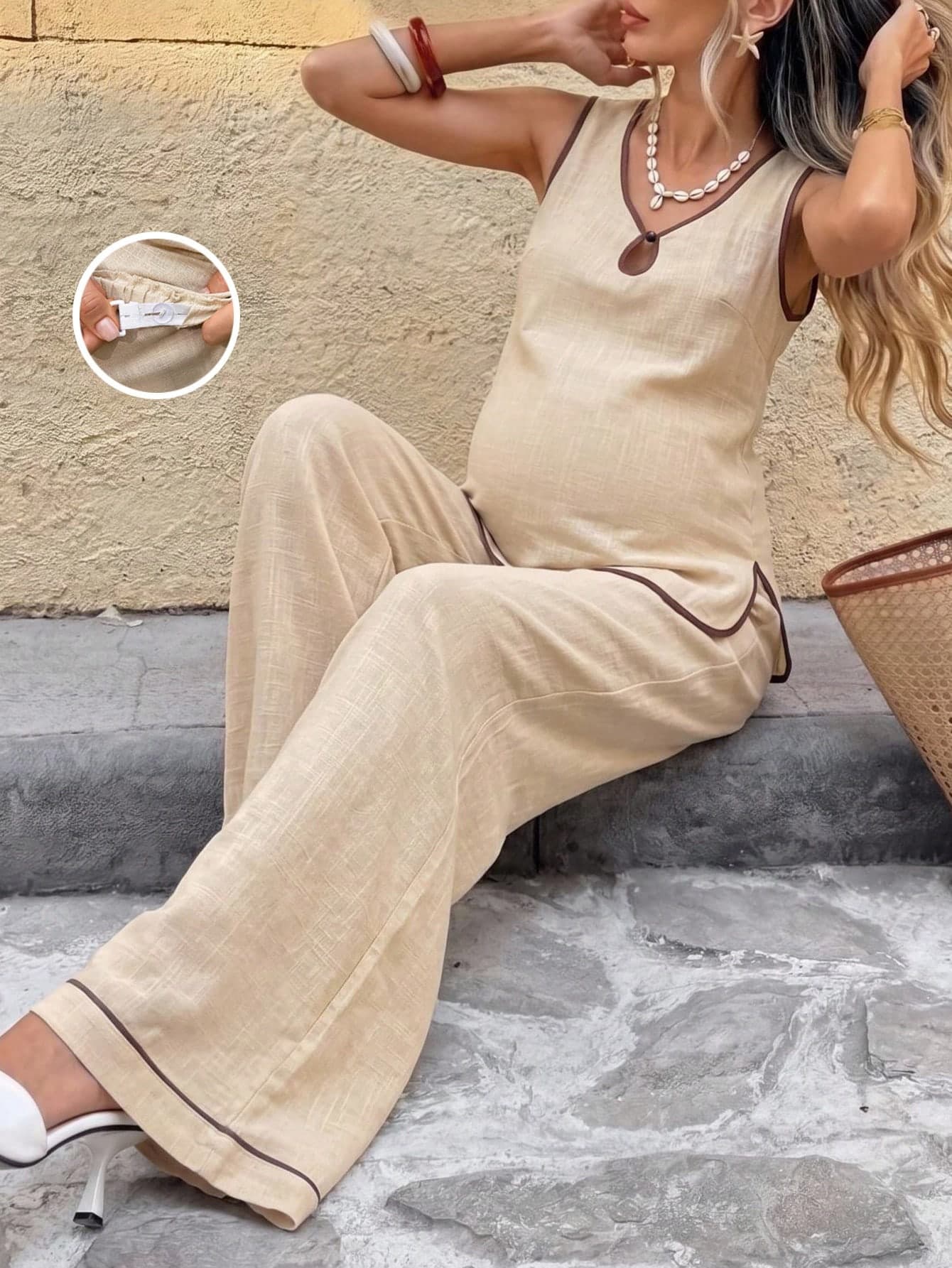SHEIN This Two-Piece Maternity Set In Apricot Color Is Perfect For Spring And Summer. It Includes A Vest And A Pair Of Casual Trousers