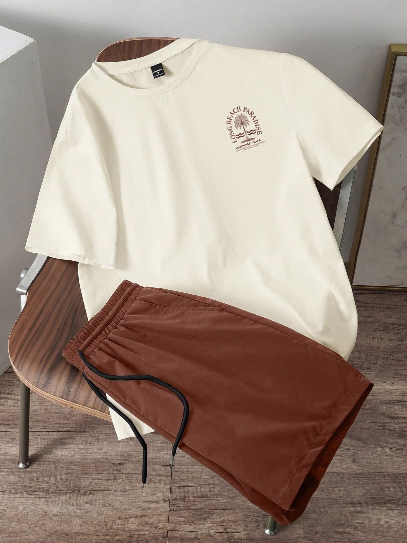 Manfinity Joysei Men's Fitted Apricot Knit Top And Woven Shorts Set, Holiday