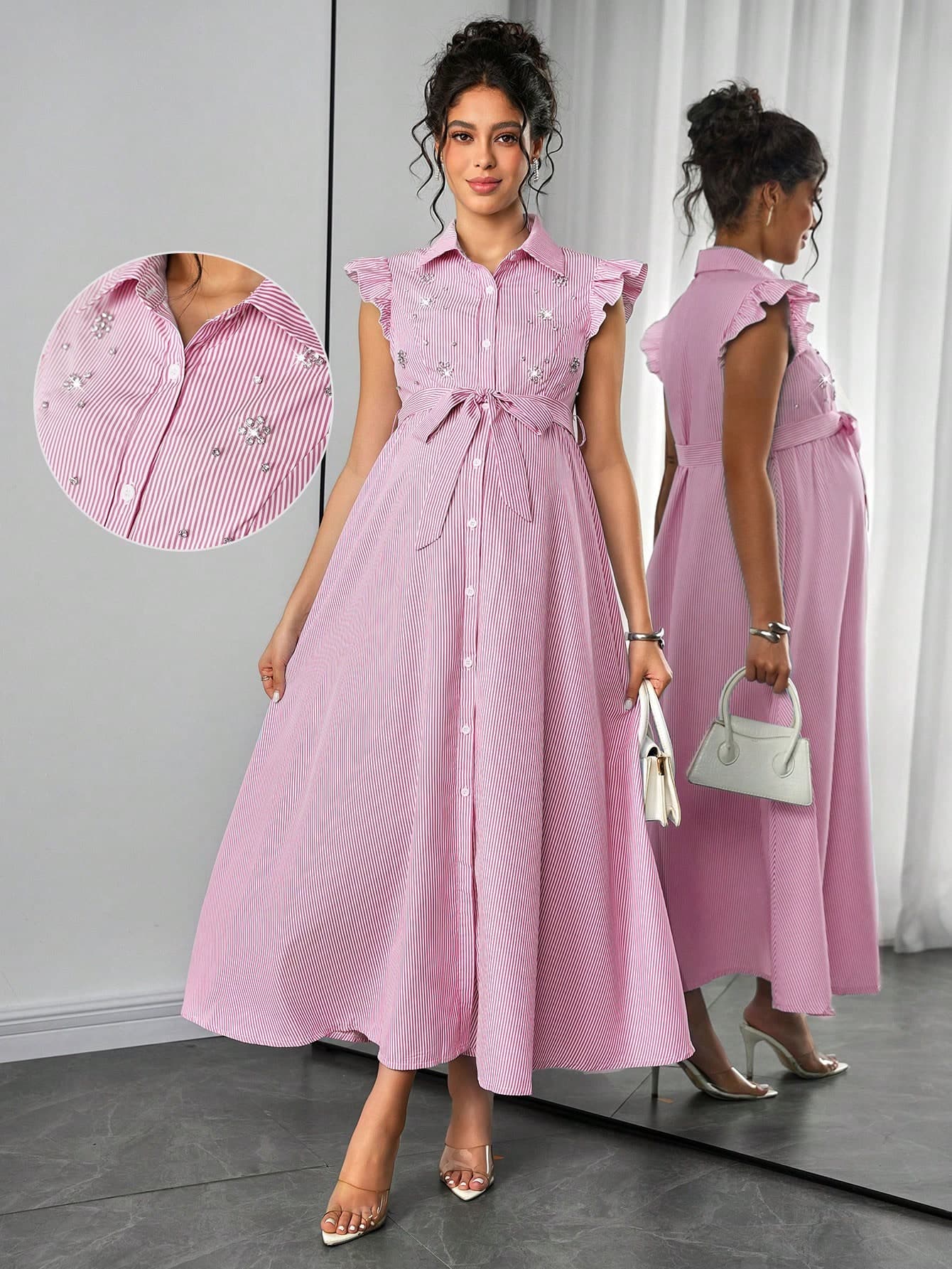 Momance Maternity Dress With Flutter Sleeves, Shirt Collar, Front Button Closure, Waist Belt, Bow Tie, Pink Dress Baby Shower Maternity Photoshoot Summer