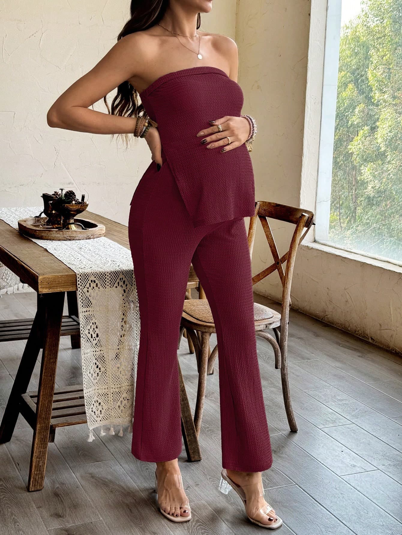 SHEIN 2pcs Maternity Solid Color Tube Top & Split Leg Pants Set