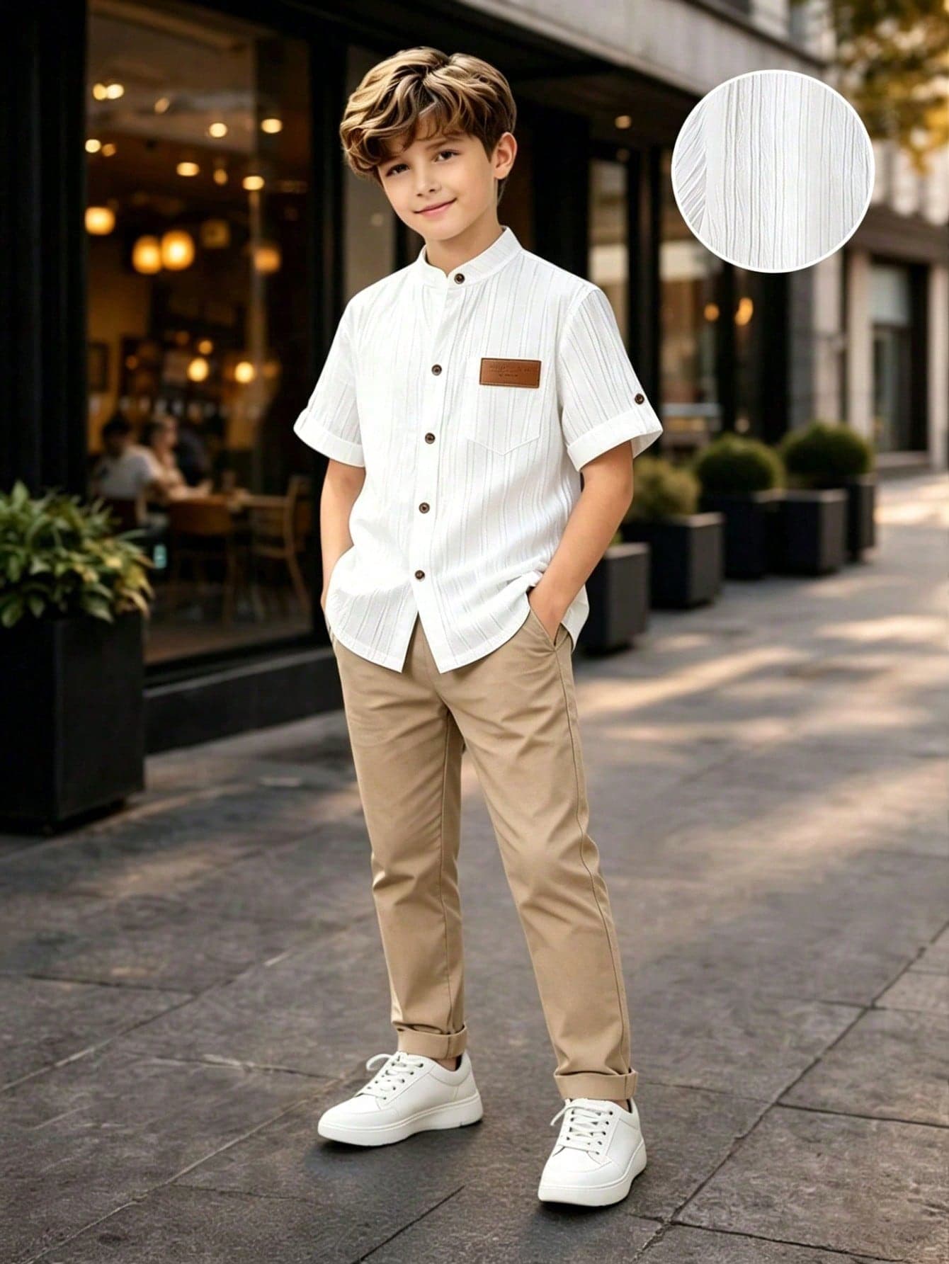SHEIN Older Kids Boys' White,Summer,Classy,Family Matching,Party Textured Striped Collared Short Sleeve Shirt&Pants Set For Wedding,Prom,Graduation,School
