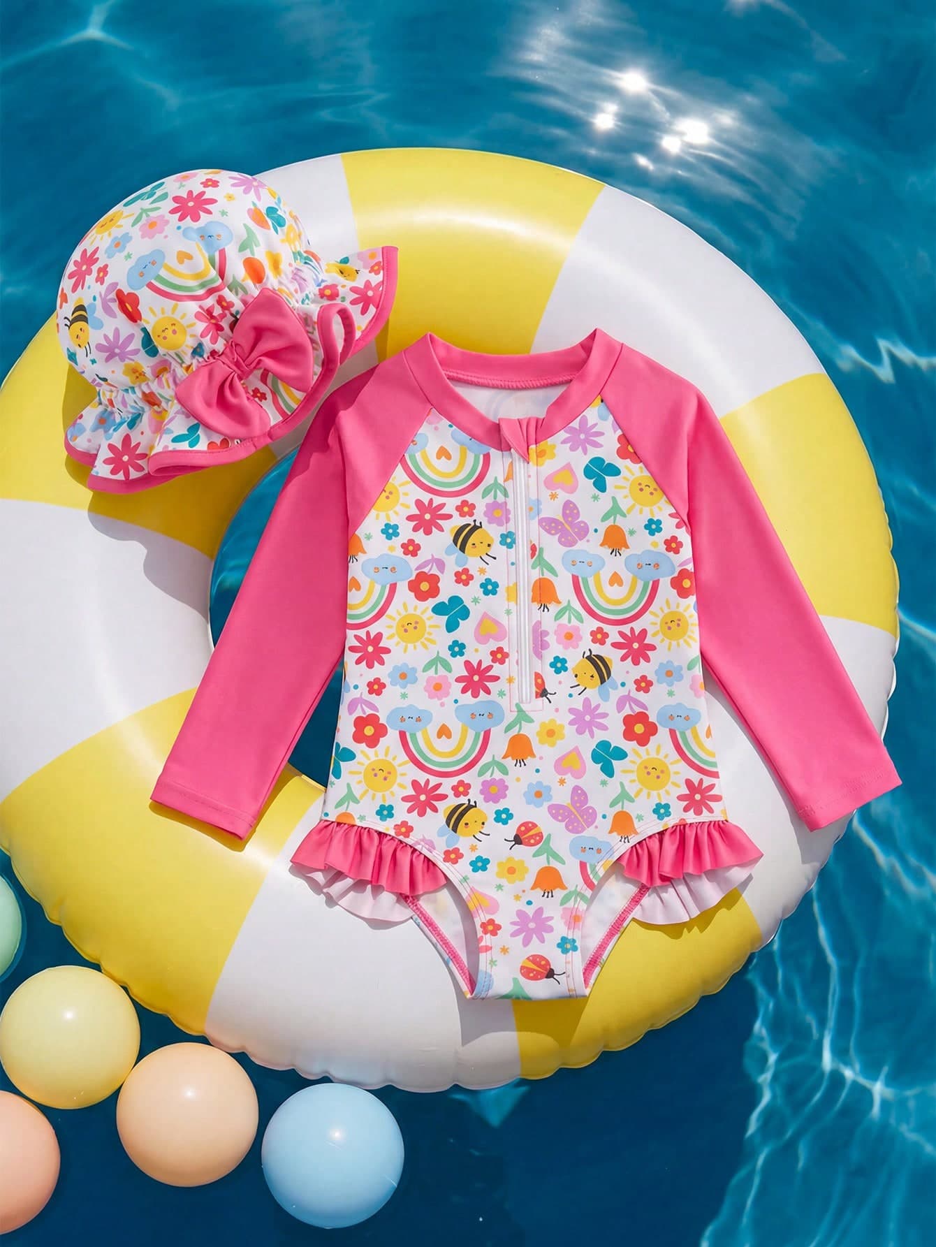 SHEIN Baby Girl Floral Print Patchwork Long Sleeve One-Piece Swimsuit, Suitable For Beach Vacation, Pool Party, Beach Party