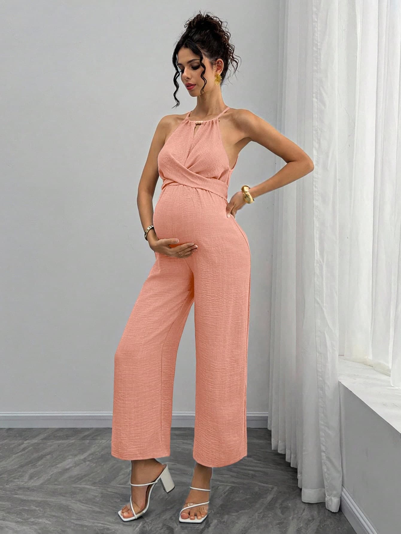 Momance Pregnant Women's Wooden Bead Halter Tie Front Bowknot Jumpsuit