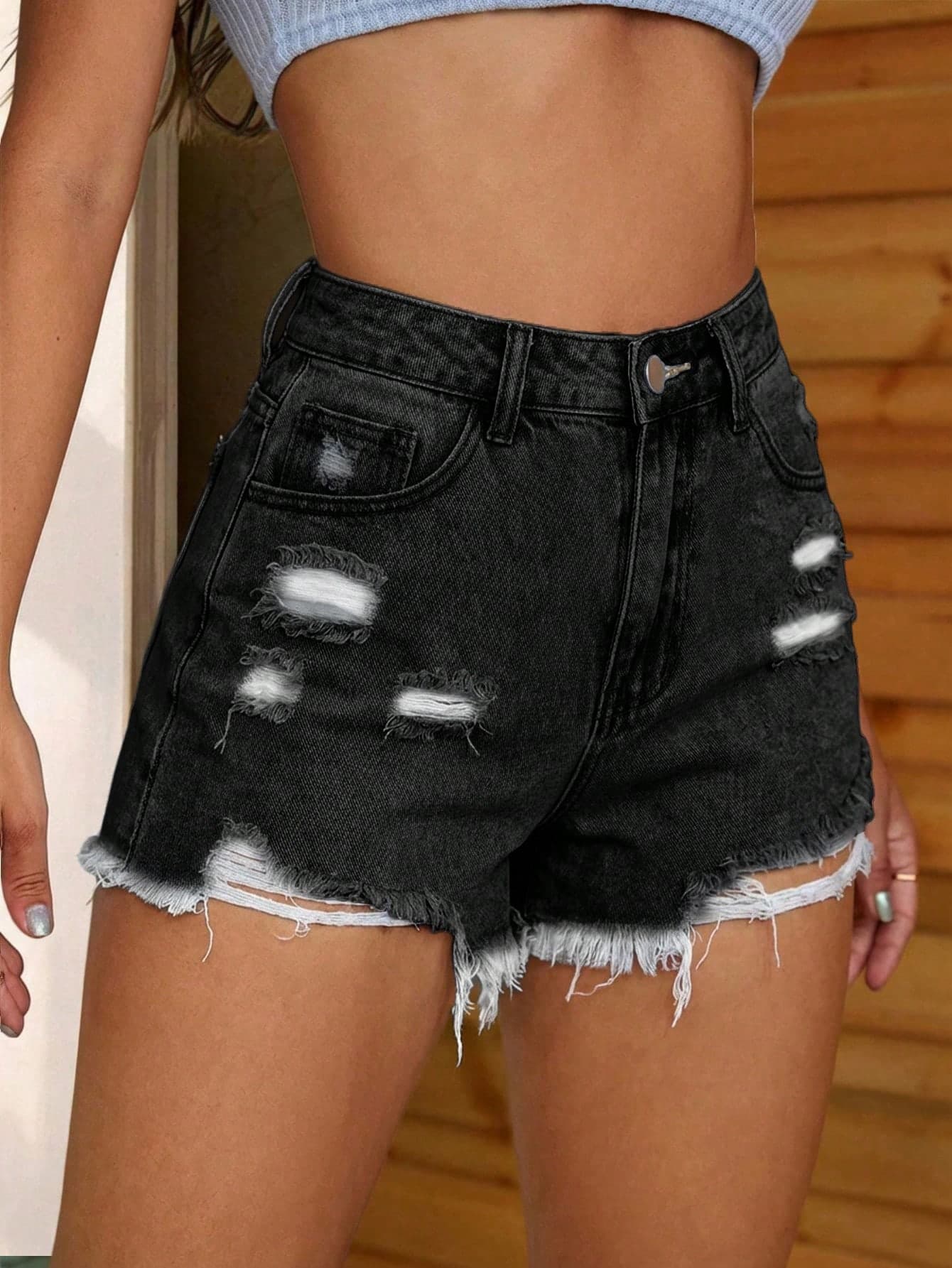 Jeanoix Women's Fashion Ripped Pocket Denim Shorts
