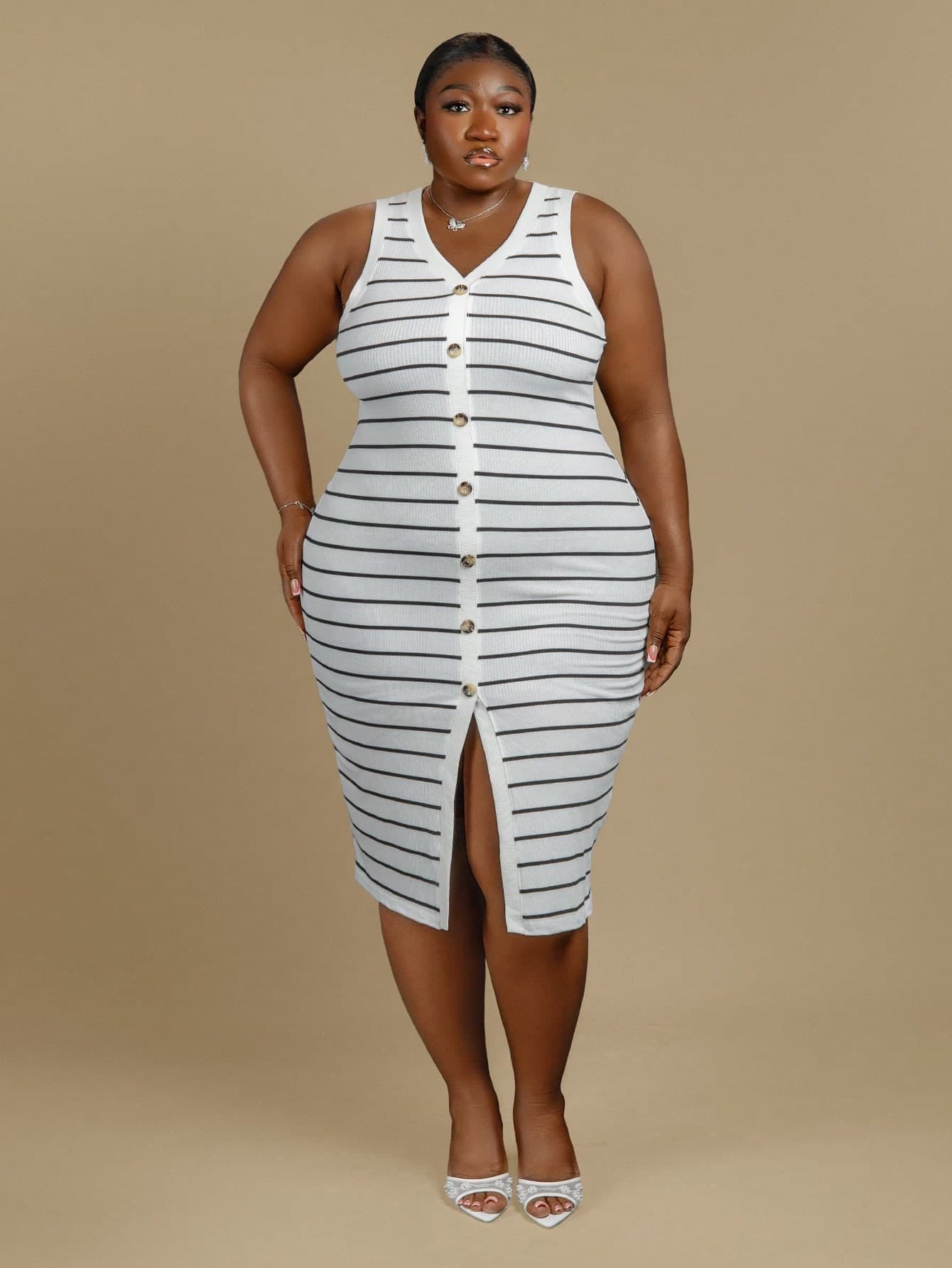 CurvyTilda Plus Size Striped Front Buttoning Dress For Summer Elegant, For Hourglass Body Shape