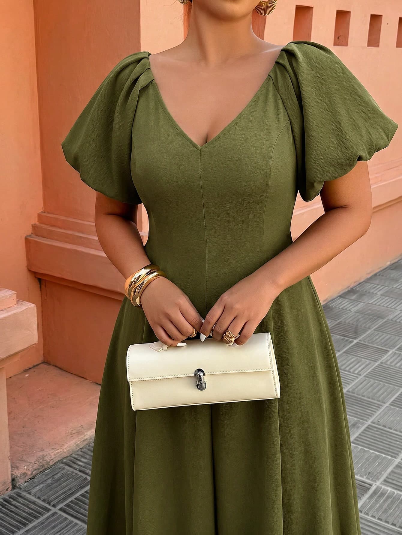 Elenzga Women's V-Neck Puff Sleeve Cinched Waist A-Line Dress, Elegant Casual Vacation Dress For Daily Wear, Dates, Afternoon Tea, Travel & Holiday
