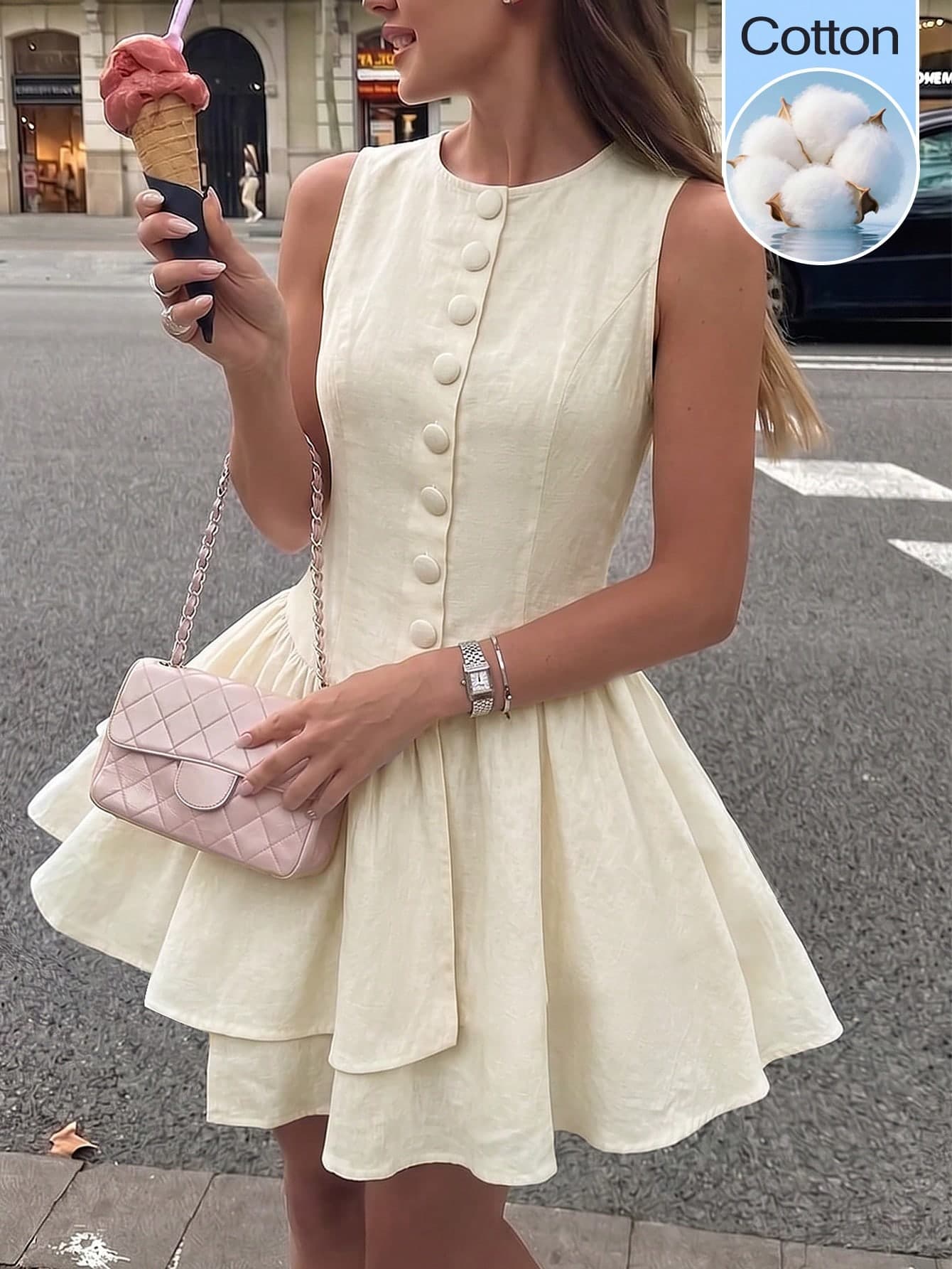 Pariaura Women's White Summer Elegant Tea Party Sleeveless Round Neck Asymmetric Hem Short Dress With Front Button Decor,Cute & Casual Stylish Dress