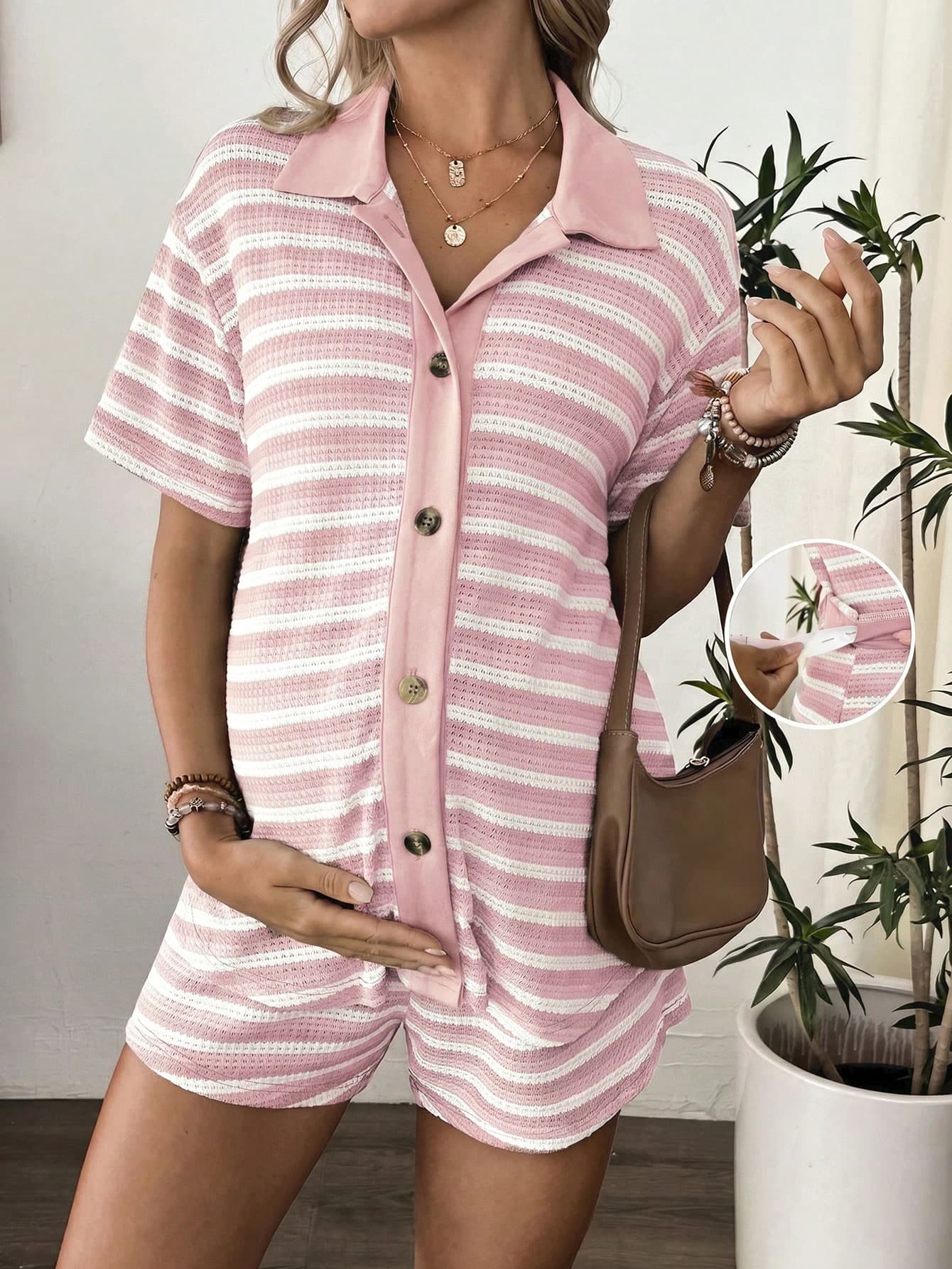 SHEIN 2pcs Maternity Outfit - Ombre Pink Shirt And Drawstring Waist Shorts Set Photoshoot Summer Casual