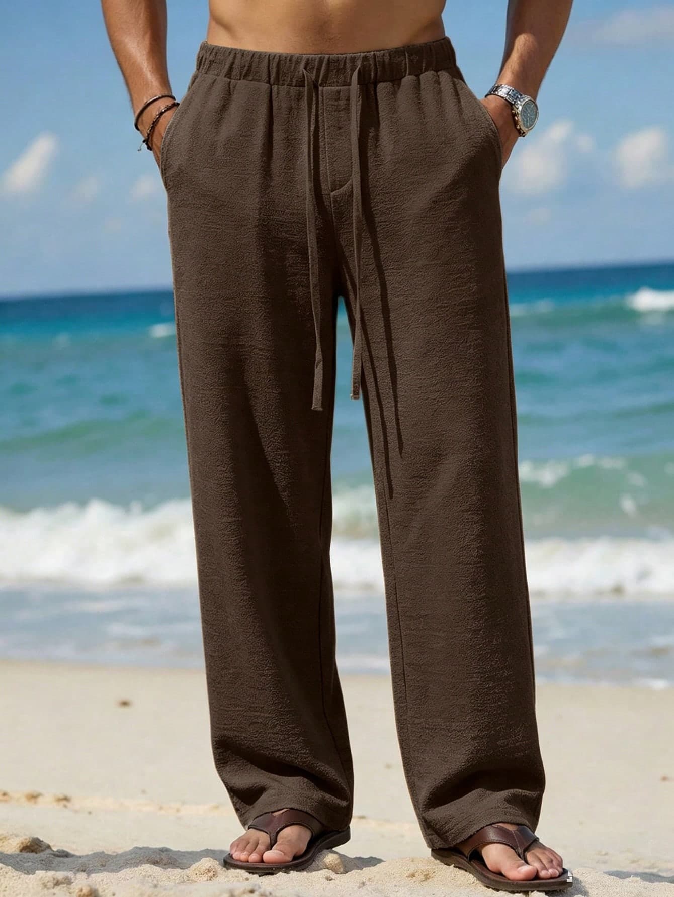 TOKVUE Men's Linen Pants Dark Brown,Autumn,Oversised,Work,Lightweight Drawstring Breathable Trousers,Elastic Waist Rope Summer Casual Loose Street Clothing