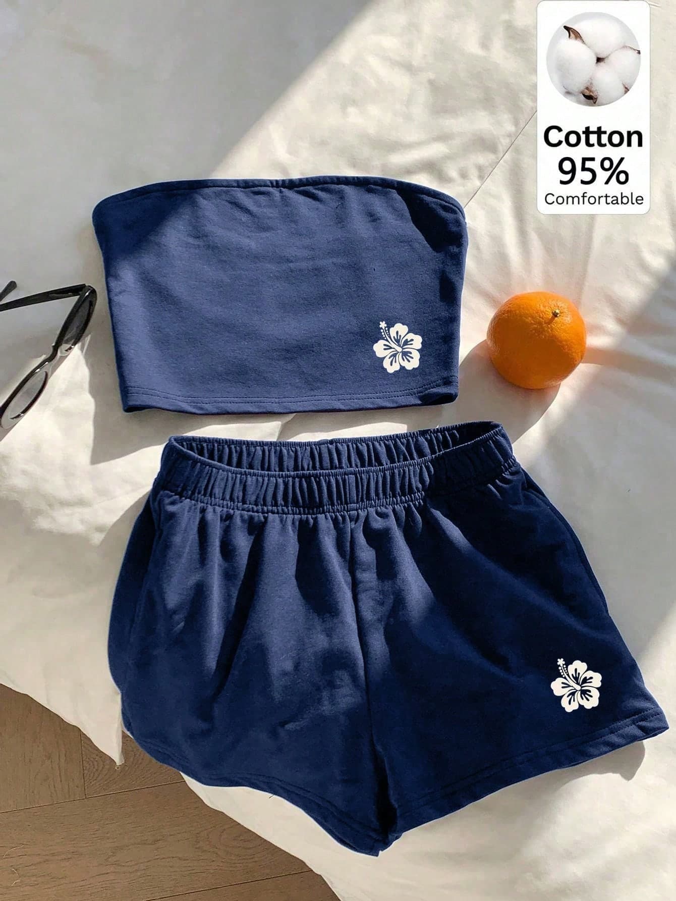 Comfortcana 95% Cotton Women's Navy Blue Floral 2-Piece Set,Summer Casual Beach Holiday Hibiscus Print Minimalist Vintage Vacation Outfits For Street Style Chic