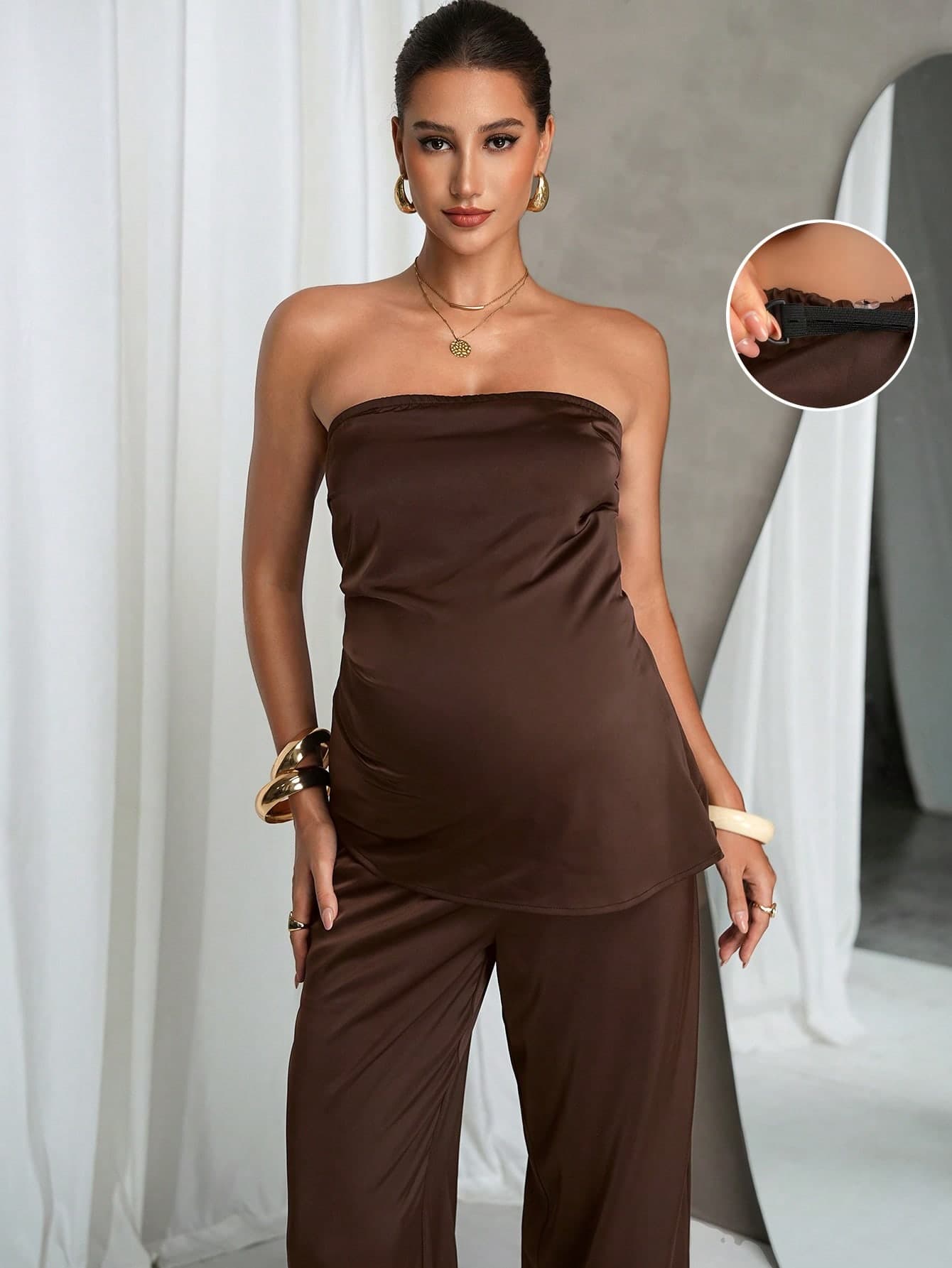 MaterniChic Maternity Clothes Nursing Two-Piece Set Spring And Summer Pregnant Brown Satin Soft Elegant Solid Color Tube Top Adjustable Waist Pants 2 Pieces