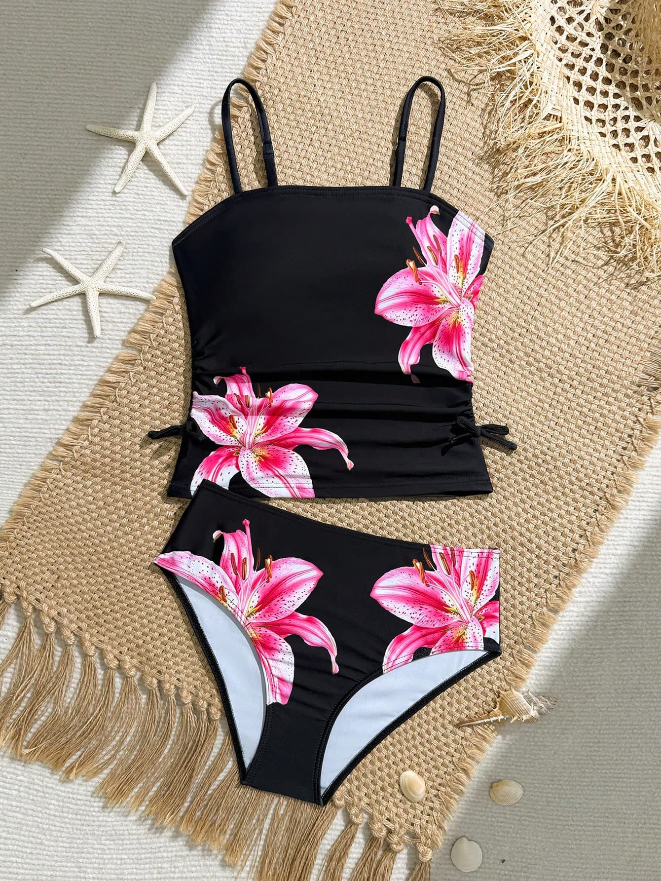 SHEIN 2026 New Tween Girls' Tankini Set, Pink Floral Print, Spaghetti Strap Crop Top With Bow Accent, Fashionable, Casual, Elegant, Feminine, Sporty, Vibrant, Suitable For Swimming, Beach, Pool, Photo Shoot, Summer Gift