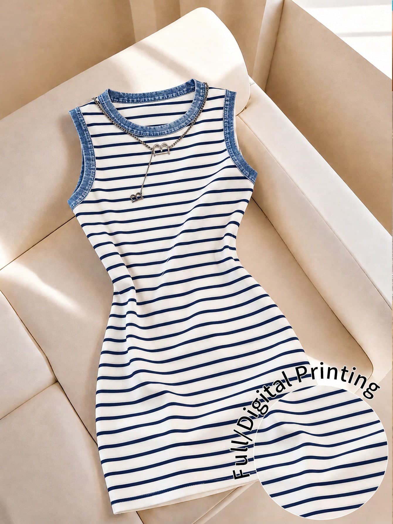 Resyla Women's Summer Casual Preppy Chic Striped Washed Blue Texture Trim Graphic Print Sleeveless Bodycon Mini Dress 2026 Going Out Clothes