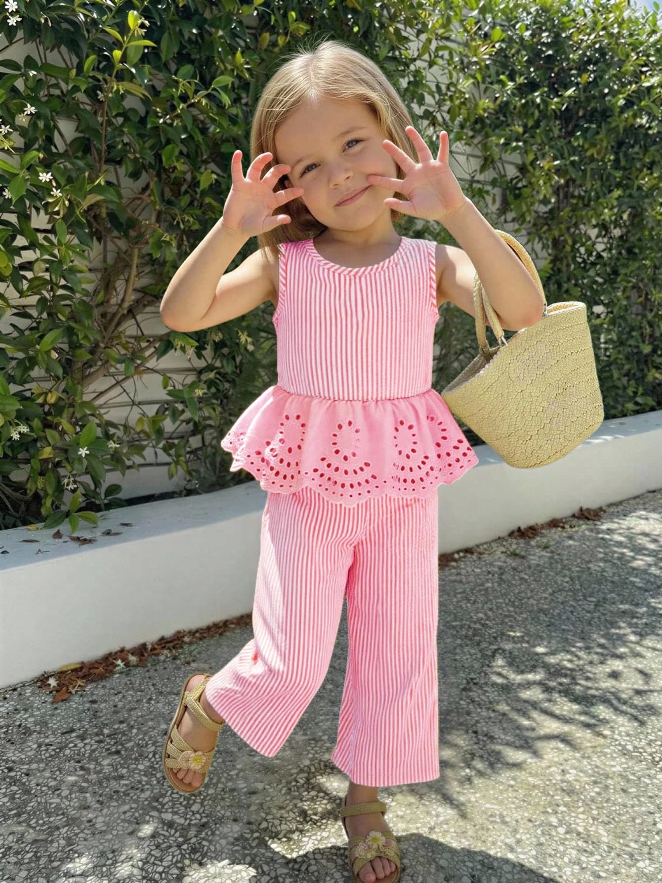 Vintaside Kids Young Girls' Vintage Elegant Hollow Embroidered Striped Fabric Round Neck Camisole Top And Long Pants Set, Suitable For Daily Wear, Outings And Vacations, Spring/Summer